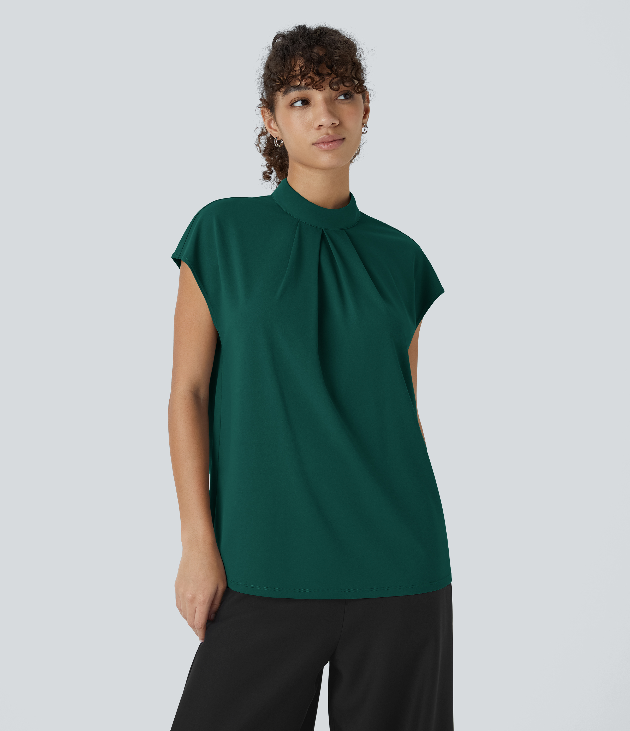 Halara Stand Collar Plicated Button Back Cap Sleeve Work Blouse  - Rain Forest - XS 