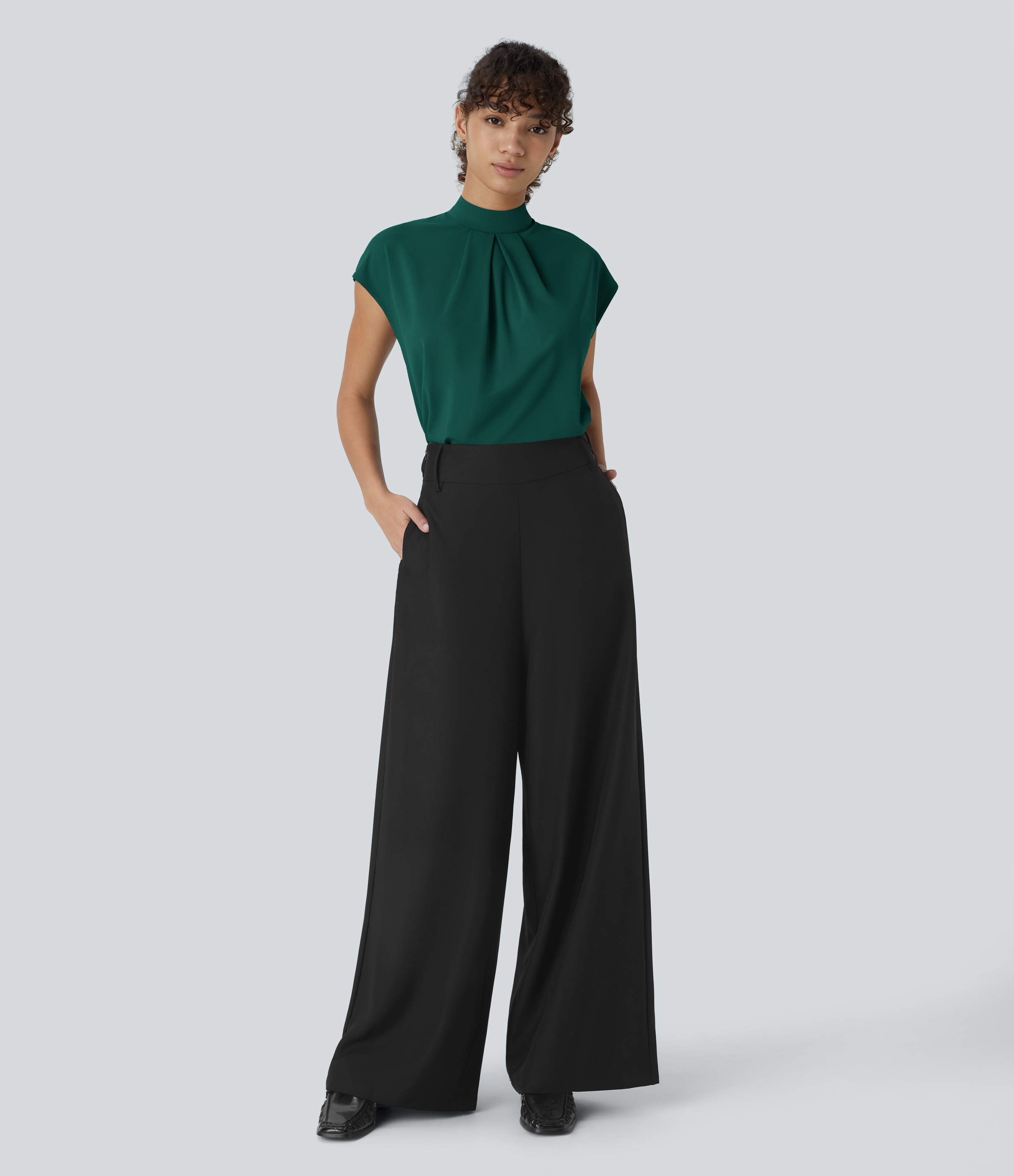 Halara Stand Collar Plicated Button Back Cap Sleeve Work Blouse  - Rain Forest - XS 