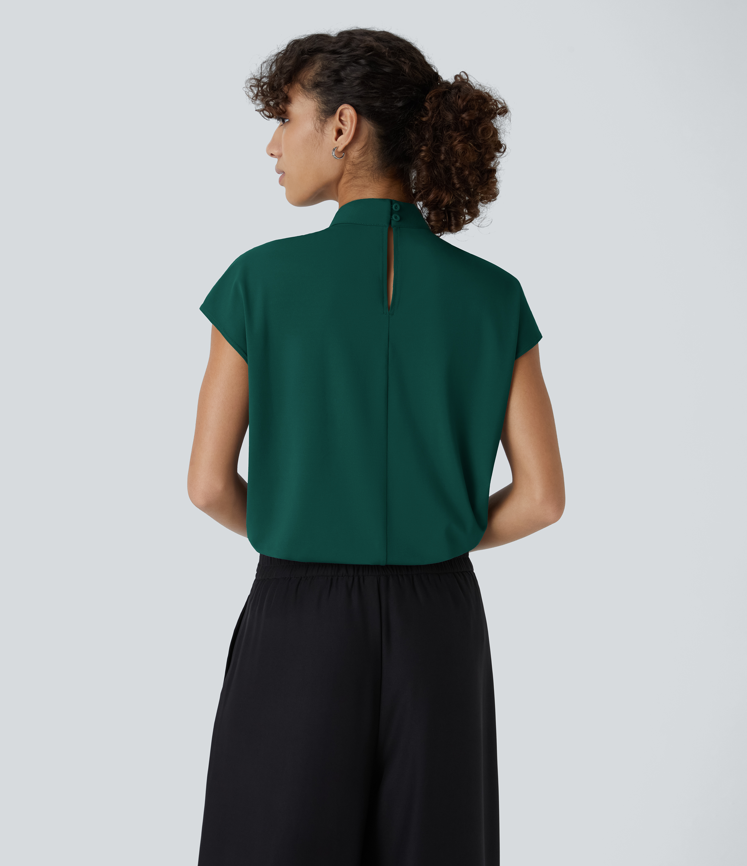 Halara Stand Collar Plicated Button Back Cap Sleeve Work Blouse  - Rain Forest - XS 