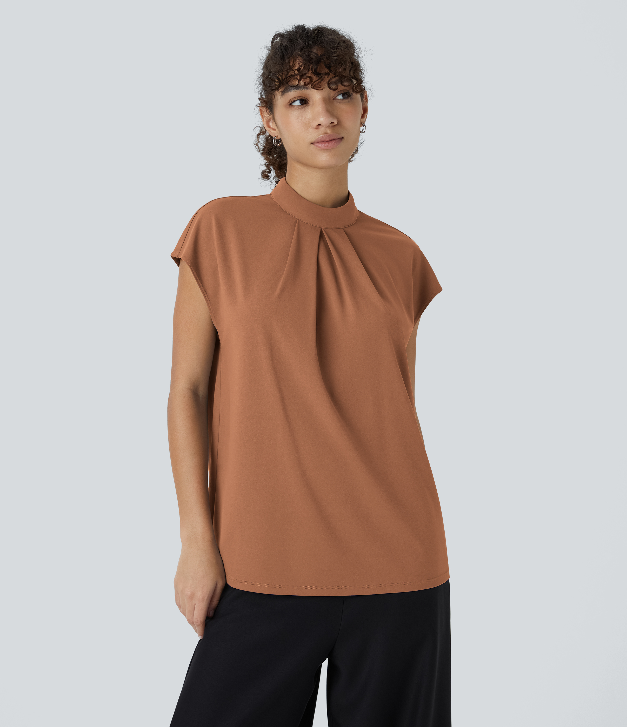 Halara Stand Collar Plicated Button Back Cap Sleeve Work Blouse  - Rust Red - M 