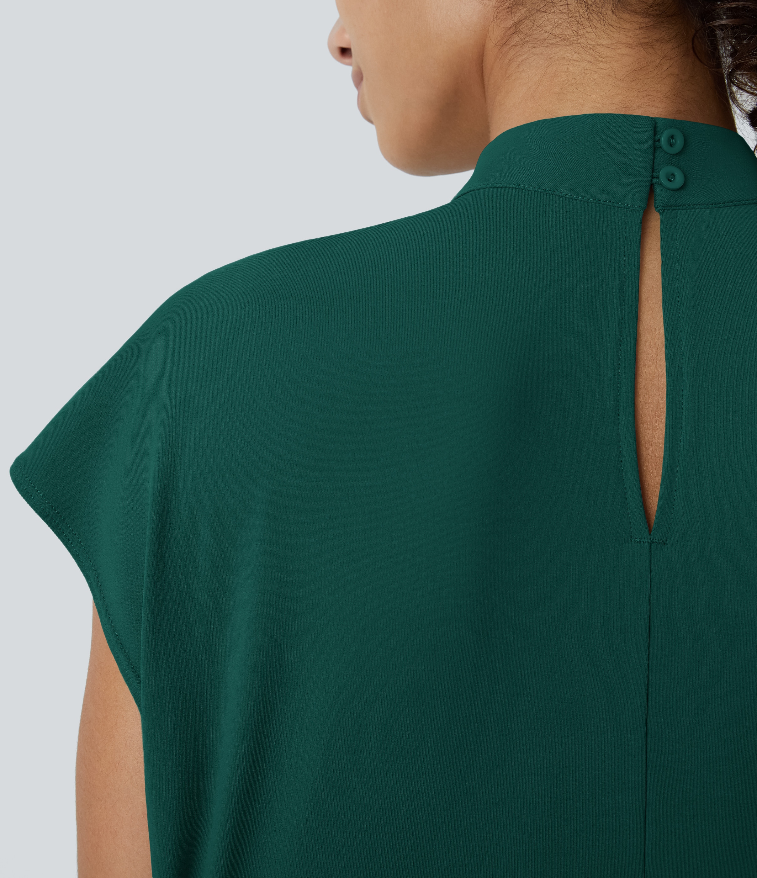 Halara Stand Collar Plicated Button Back Cap Sleeve Work Blouse  - Rain Forest - XS 