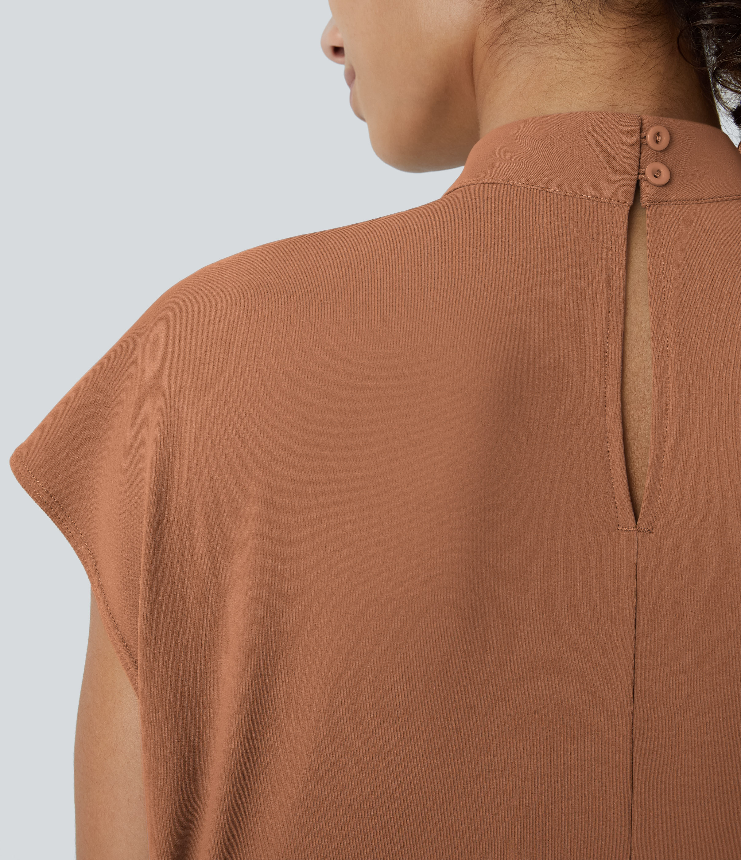 Halara Stand Collar Plicated Button Back Cap Sleeve Work Blouse  - Rust Red - M 