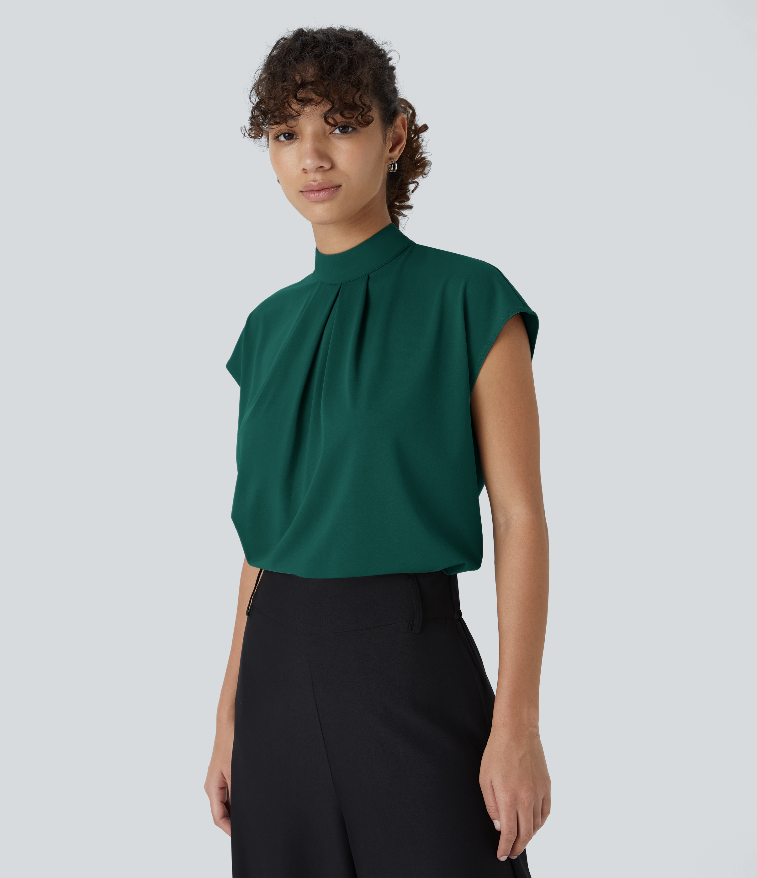 Halara Stand Collar Plicated Button Back Cap Sleeve Work Blouse  - Rain Forest - XS 