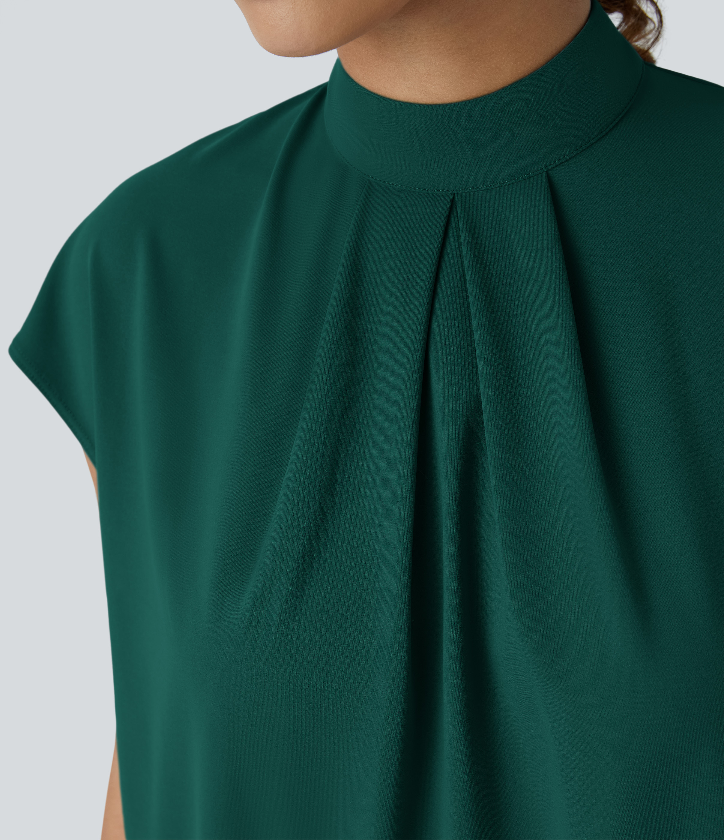 Halara Stand Collar Plicated Button Back Cap Sleeve Work Blouse  - Rain Forest - XS 