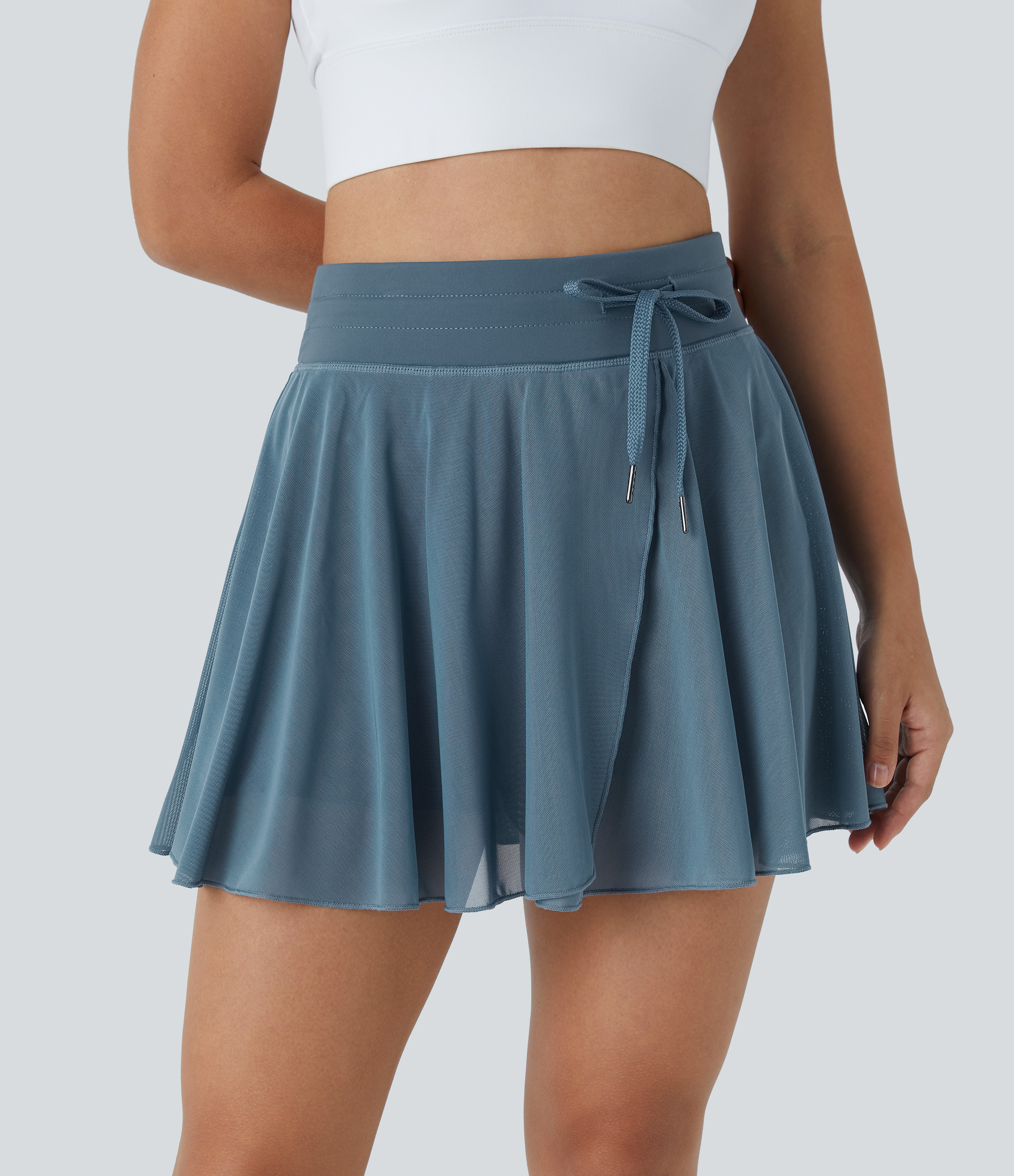 Halara High Waisted Drawstring Contrast Mesh 2-in-1 Side Pocket Flowy Mini Flare Casual Skirt  - Provincial Blue - L midi skirt a line skirt 