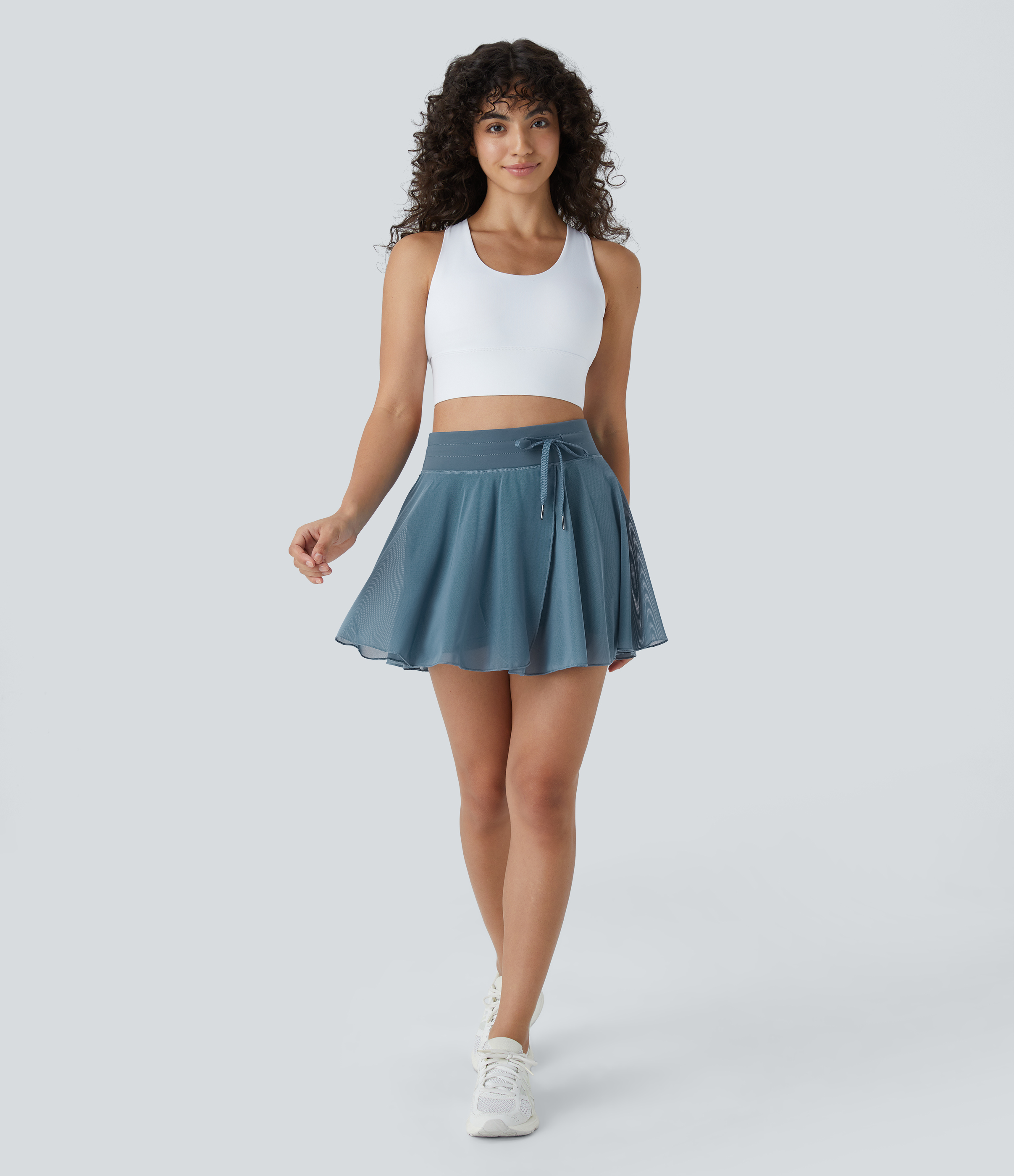 Halara High Waisted Drawstring Contrast Mesh 2-in-1 Side Pocket Flowy Mini Flare Casual Skirt  - Provincial Blue - L midi skirt a line skirt 