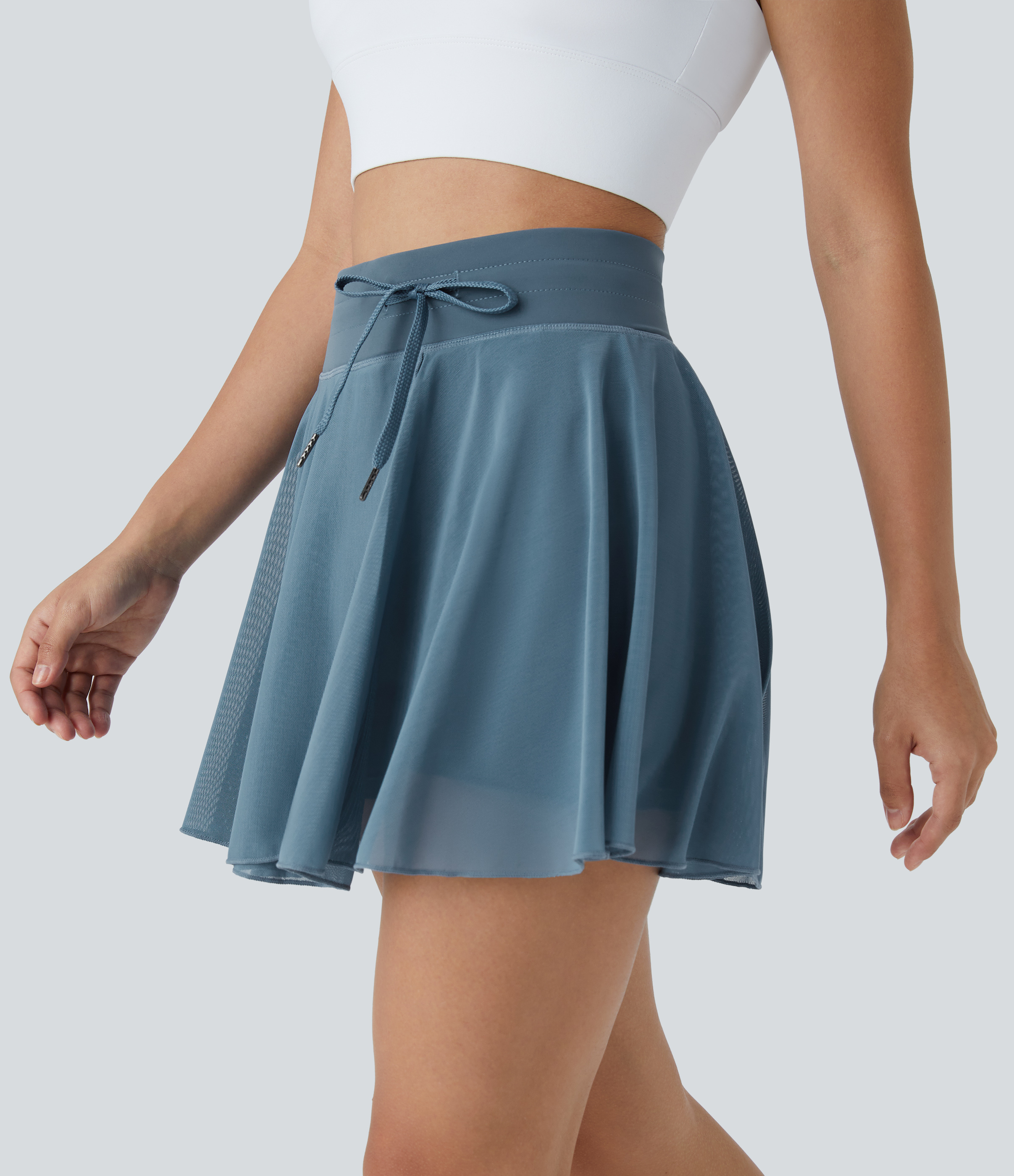 Halara High Waisted Drawstring Contrast Mesh 2-in-1 Side Pocket Flowy Mini Flare Casual Skirt  - Provincial Blue - L midi skirt a line skirt 