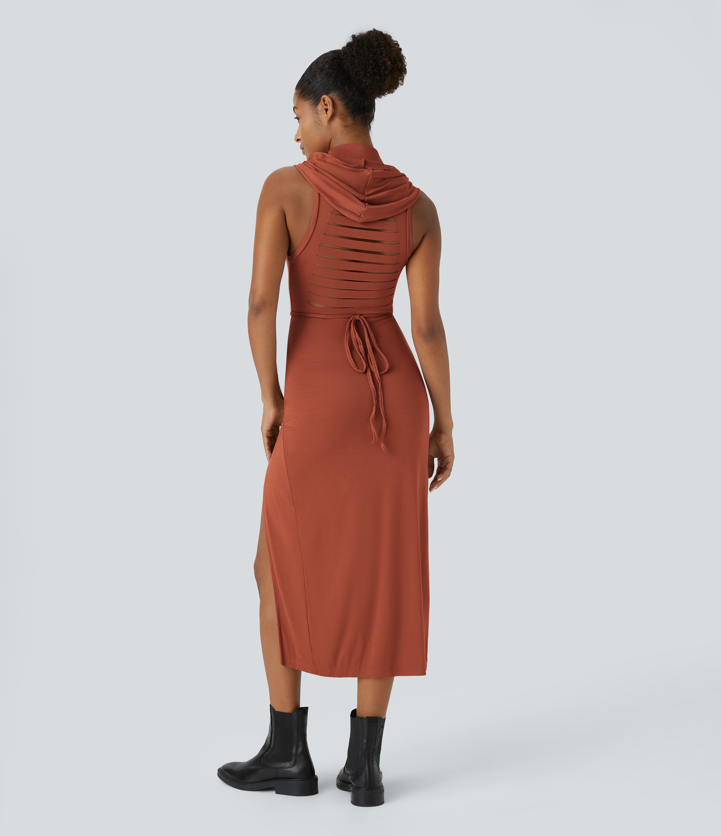 Halara Ribbed Hooded High Neck Sleeveless Cut Out Tie Back Split 2-Piece Midi Casual Dress Casual Dress - Picante - L slip dress beach dress 