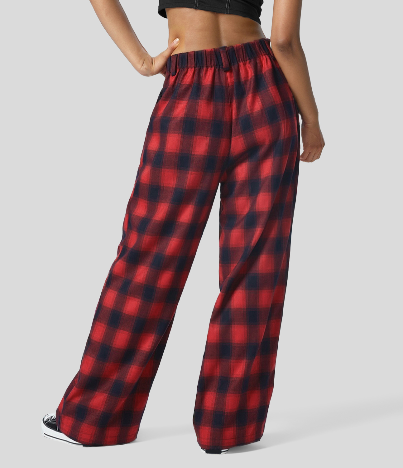 Halara High Waisted Plicated Side Pocket Plaid Wide Leg Casual Pants  - Red Black Plaid - S(regular) sweatpants jogger pants 