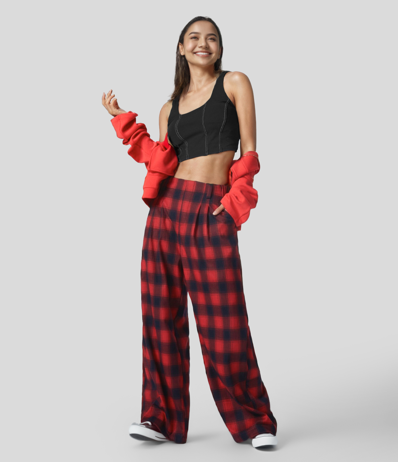 Halara High Waisted Plicated Side Pocket Plaid Wide Leg Casual Pants  - Red Black Plaid - S(regular) sweatpants jogger pants 