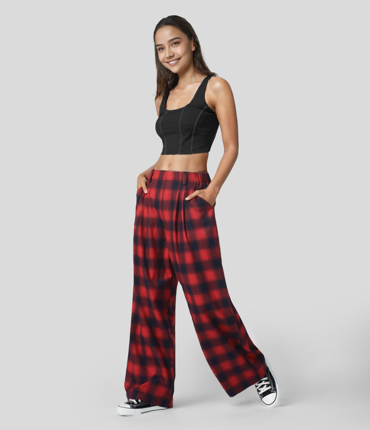 Halara High Waisted Plicated Side Pocket Plaid Wide Leg Casual Pants  - Red Black Plaid - S(regular) sweatpants jogger pants 