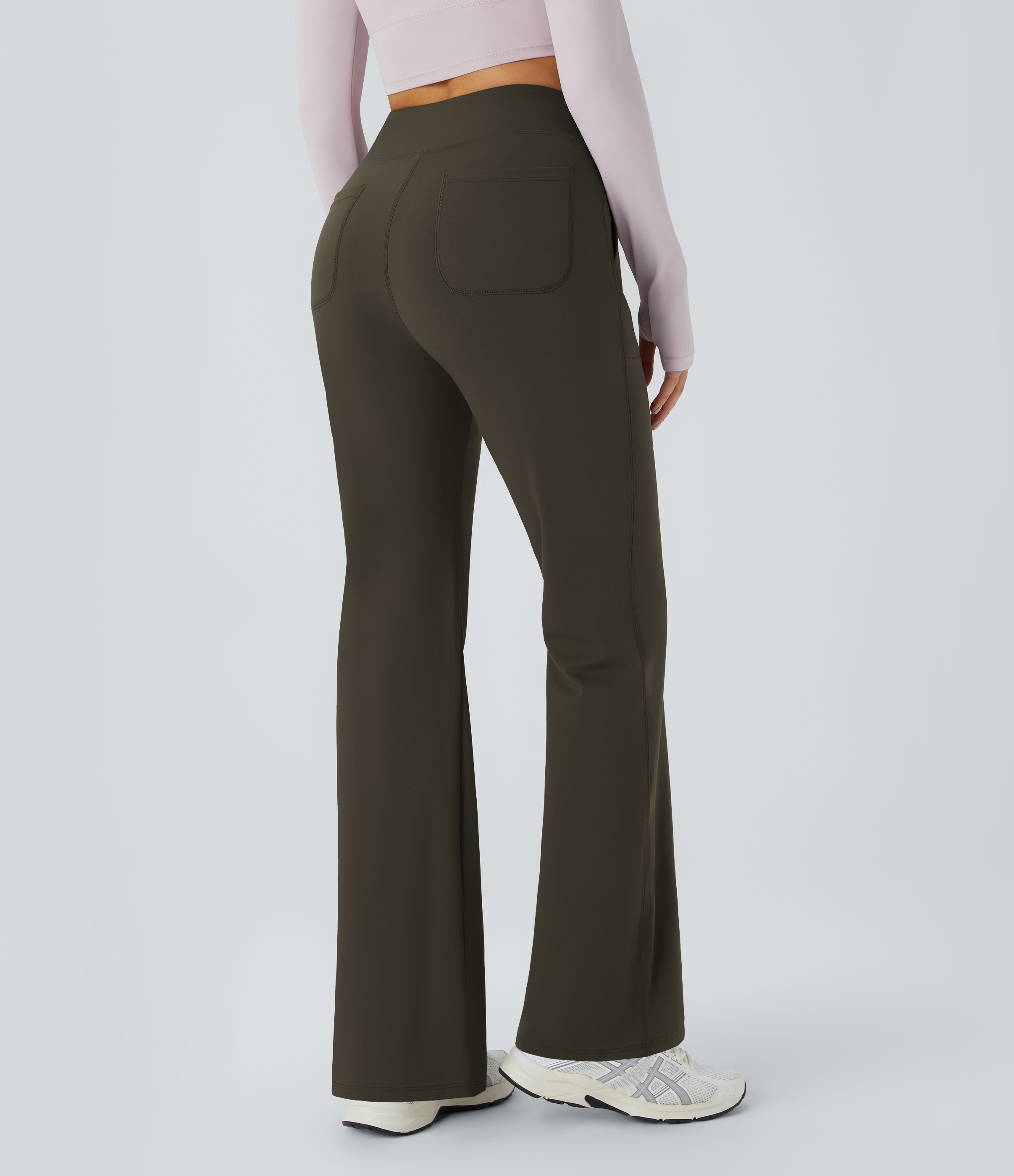 Halara In My Feels High Waisted Side Pocket Plain Flare Leggings  - Forest Night - M gym leggings leggings with pockets 