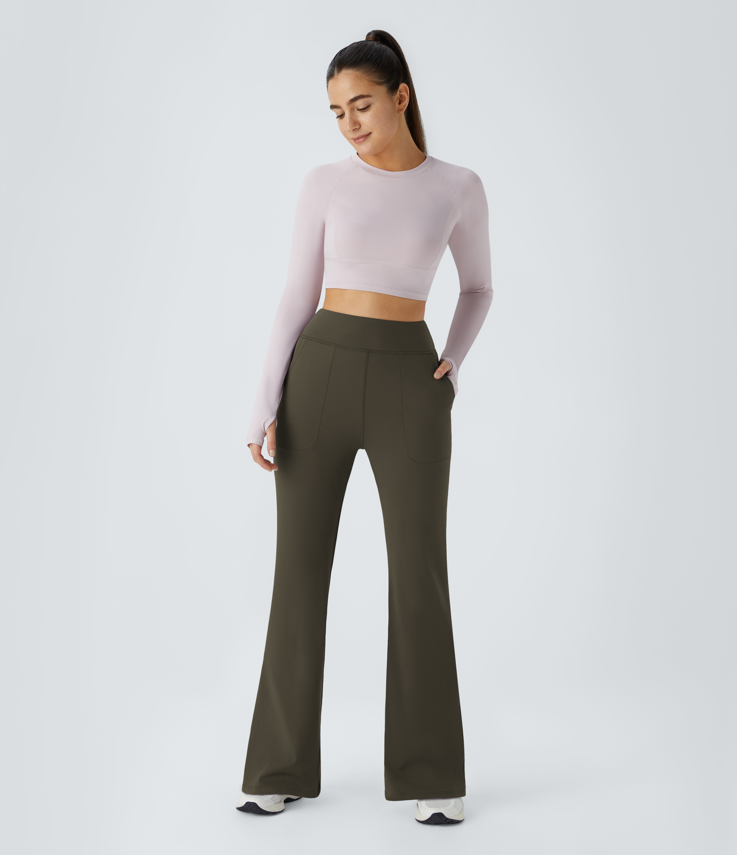 Halara In My Feels High Waisted Side Pocket Plain Flare Leggings  - Forest Night - M gym leggings leggings with pockets 