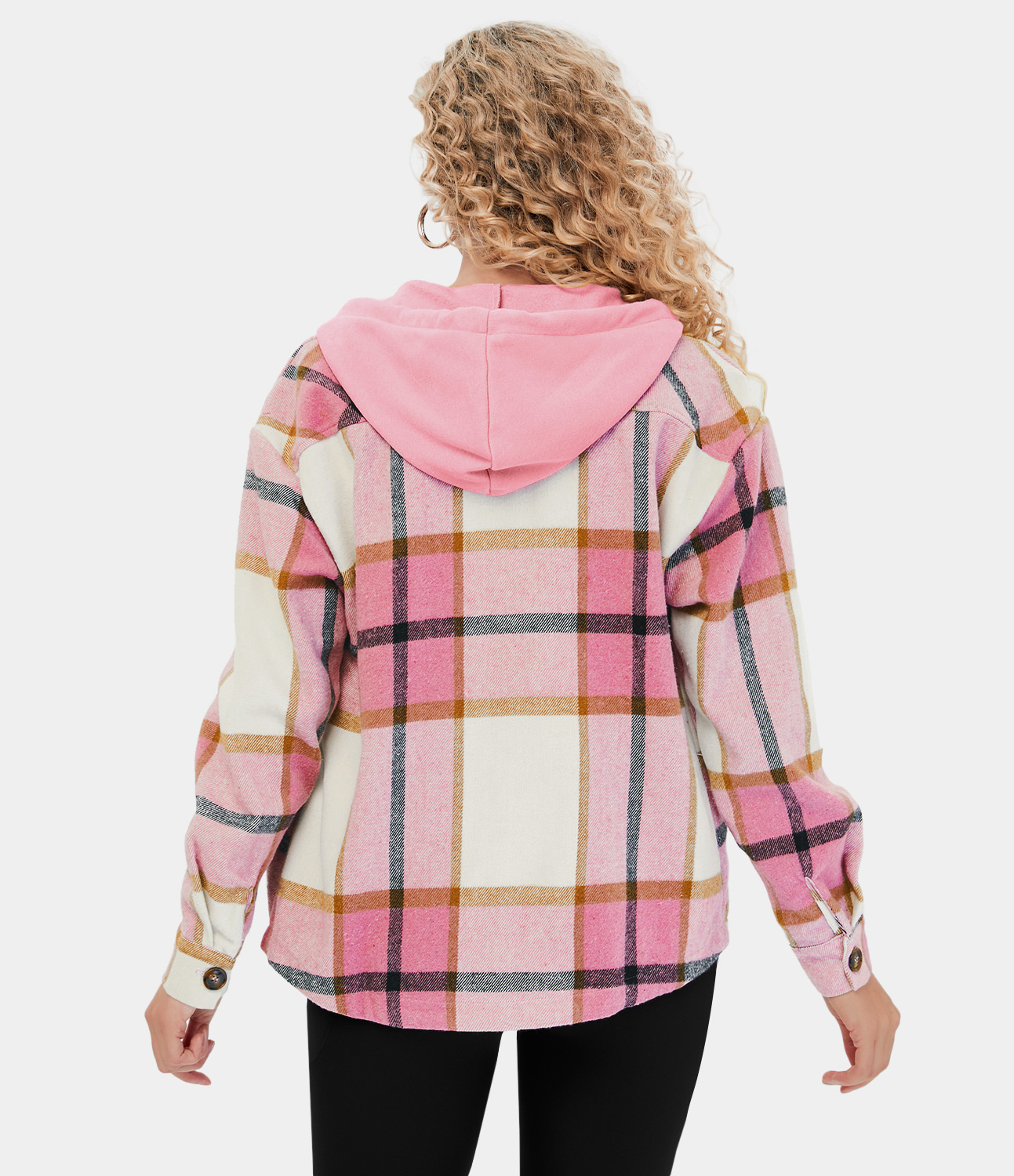 Halara Hooded Drawstring Button Side Pocket Plaid Fleece Casual Jacket  - Pink Square - XS 
