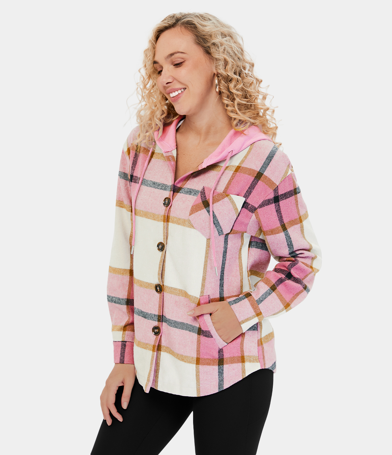 Halara Hooded Drawstring Button Side Pocket Plaid Fleece Casual Jacket  - Pink Square - XS 