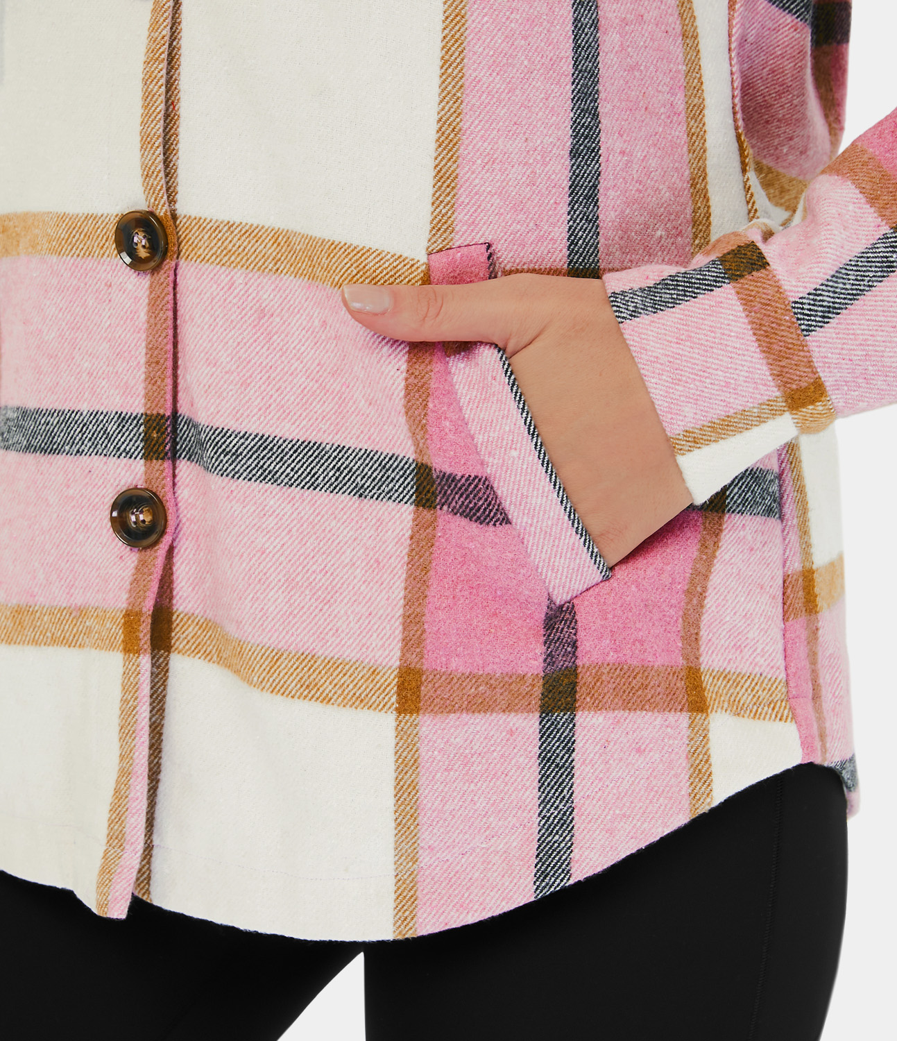 Halara Hooded Drawstring Button Side Pocket Plaid Fleece Casual Jacket  - Pink Square - XS 