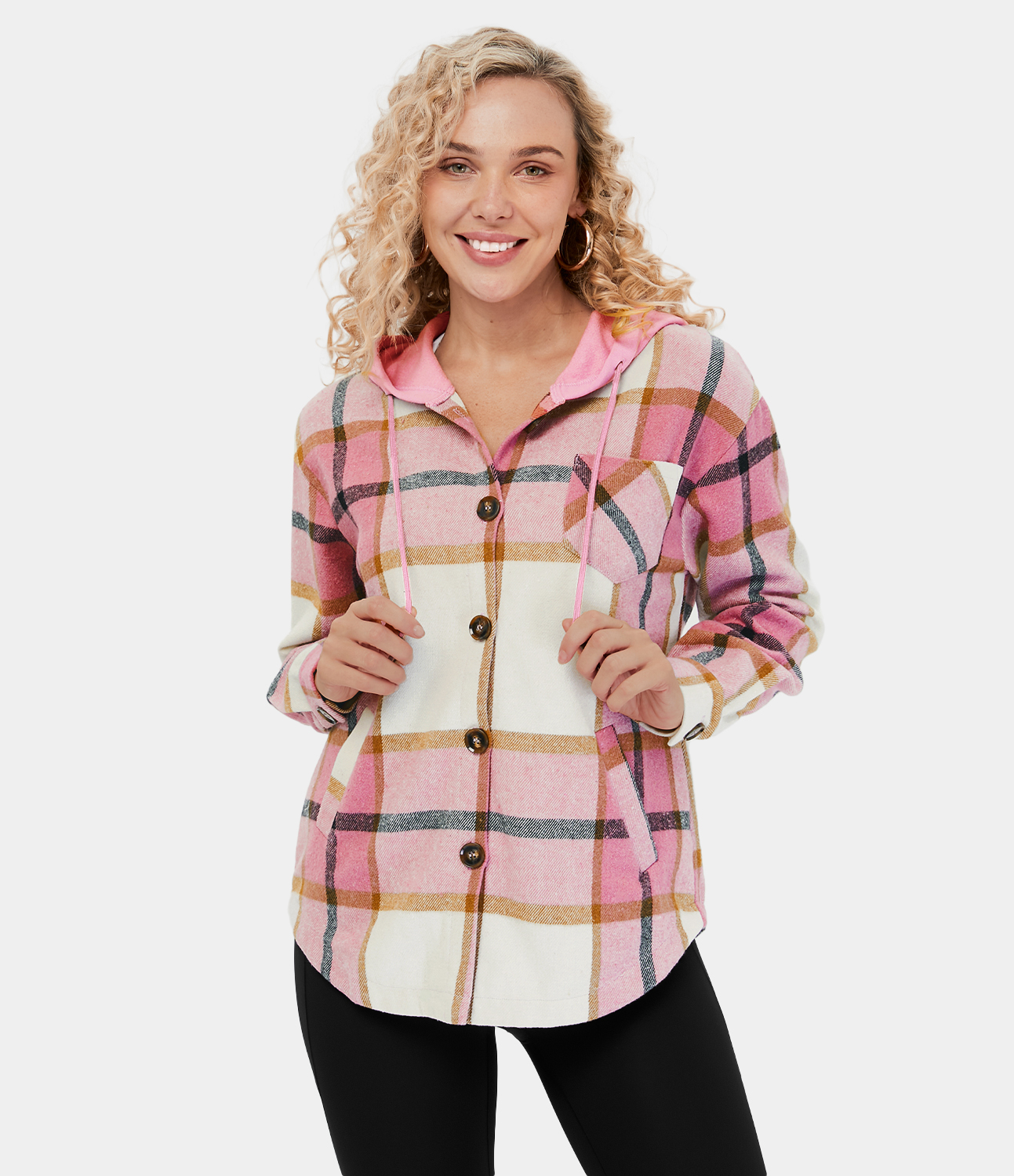 Halara Hooded Drawstring Button Side Pocket Plaid Fleece Casual Jacket  - Pink Square - XS 