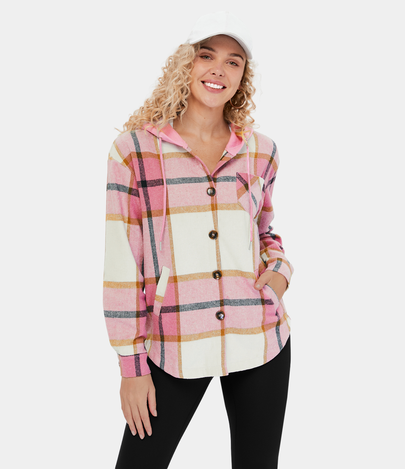 Halara Hooded Drawstring Button Side Pocket Plaid Fleece Casual Jacket  - Pink Square - XS 