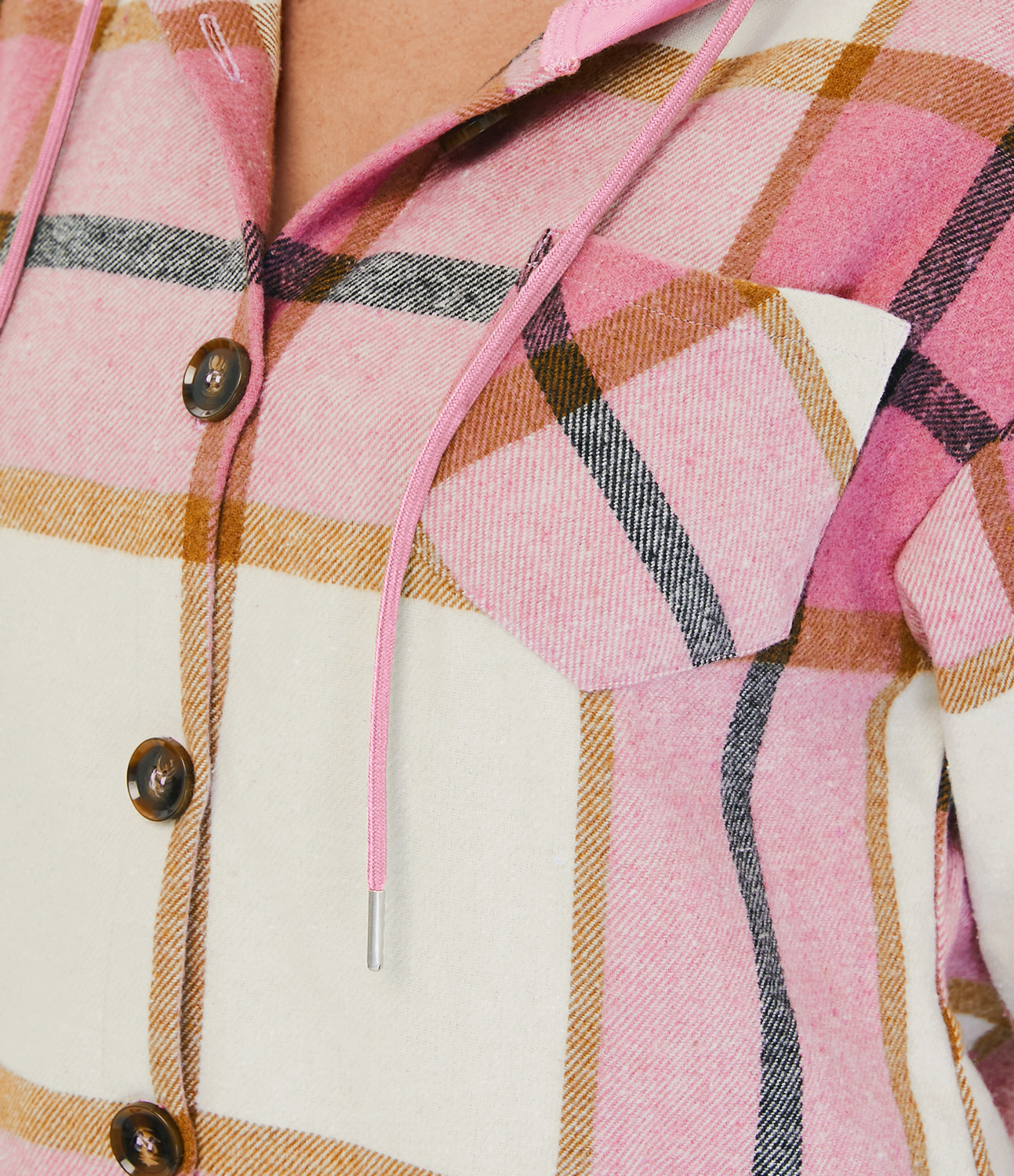 Halara Hooded Drawstring Button Side Pocket Plaid Fleece Casual Jacket  - Pink Square - XS 