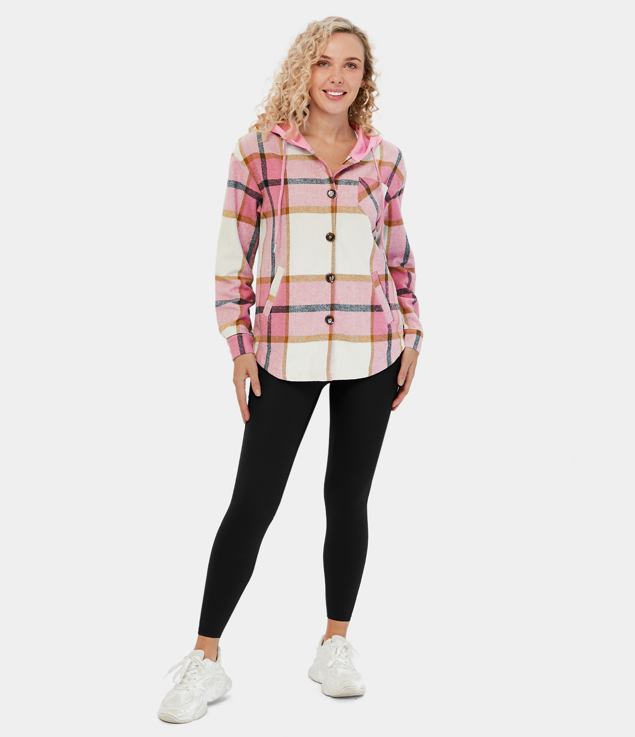 Halara Hooded Drawstring Button Side Pocket Plaid Fleece Casual Jacket  - Pink Square - XS 