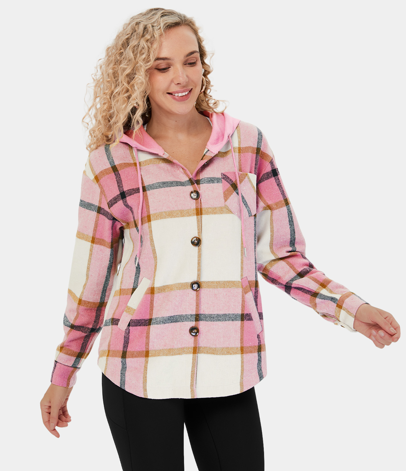 Halara Hooded Drawstring Button Side Pocket Plaid Fleece Casual Jacket  - Pink Square - XS 