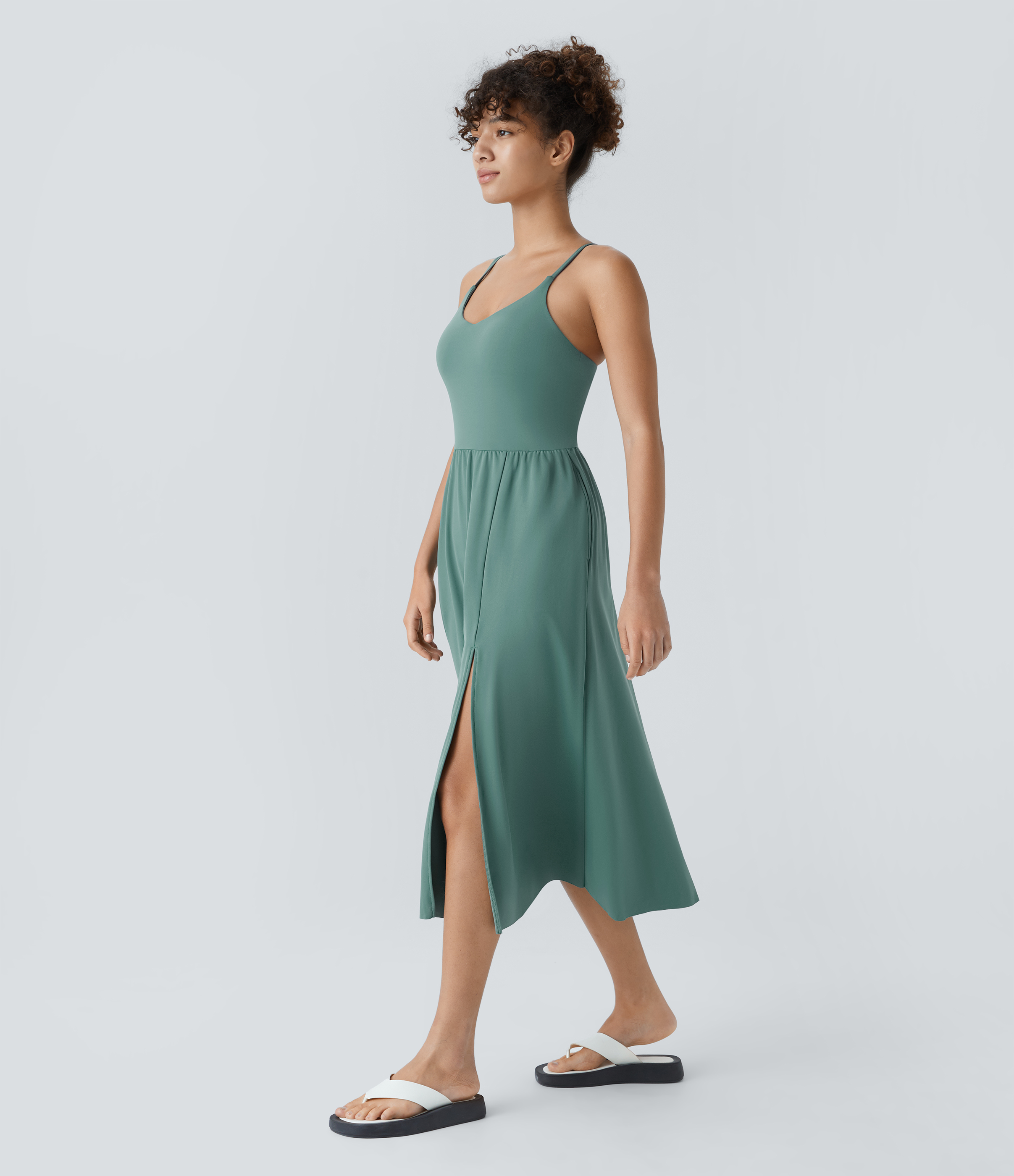 Halara Everyday Midi Chill Dress-La Land Casual Dress - Blue Spruce - L slip dress beach dress ruched dress halter dress exercise dress 