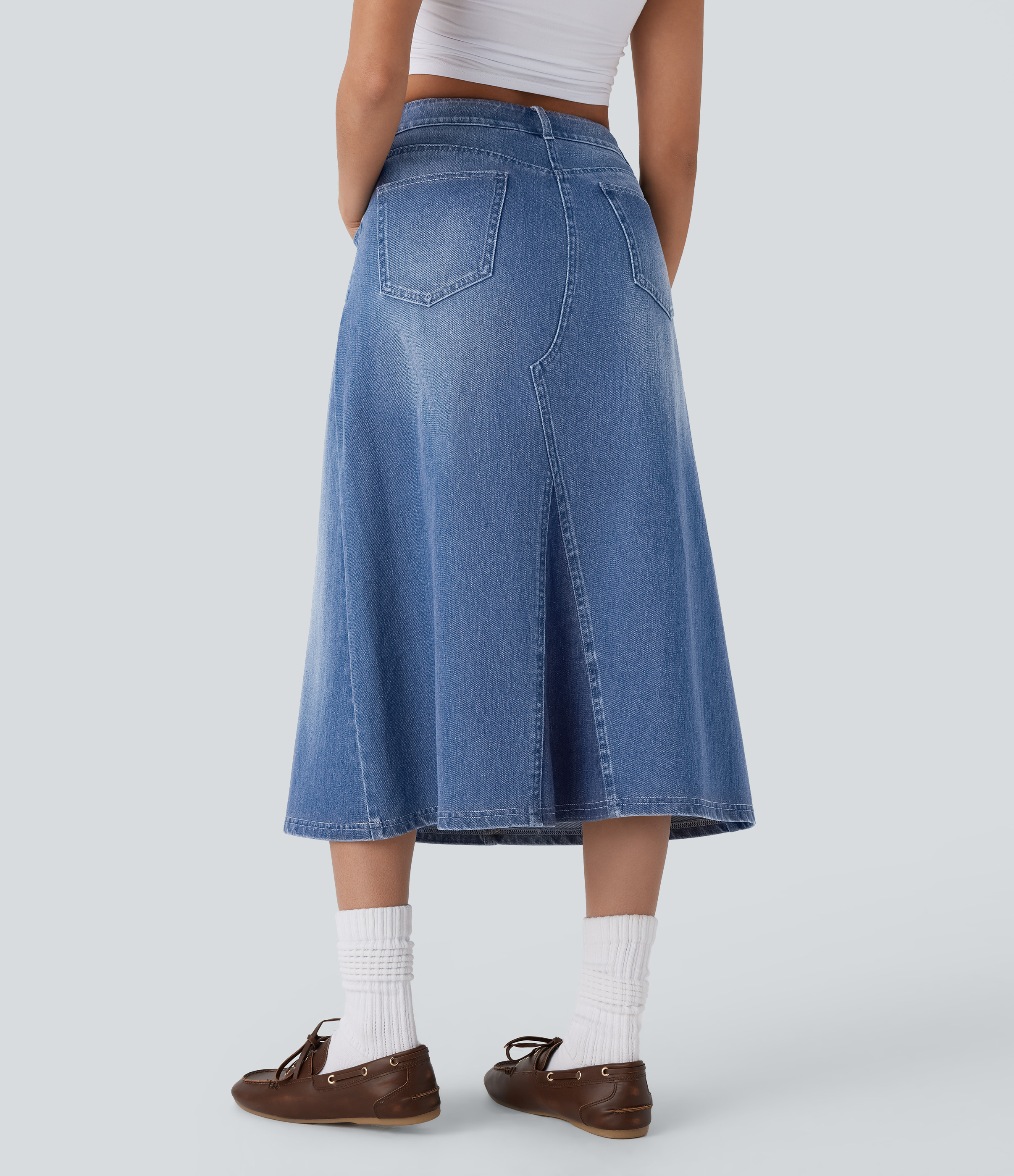 Sea Blue Denim Falda Halara Flex™ Denim corte A tiro alto múltiple bolsillo lavado media pierna elástico / 2
