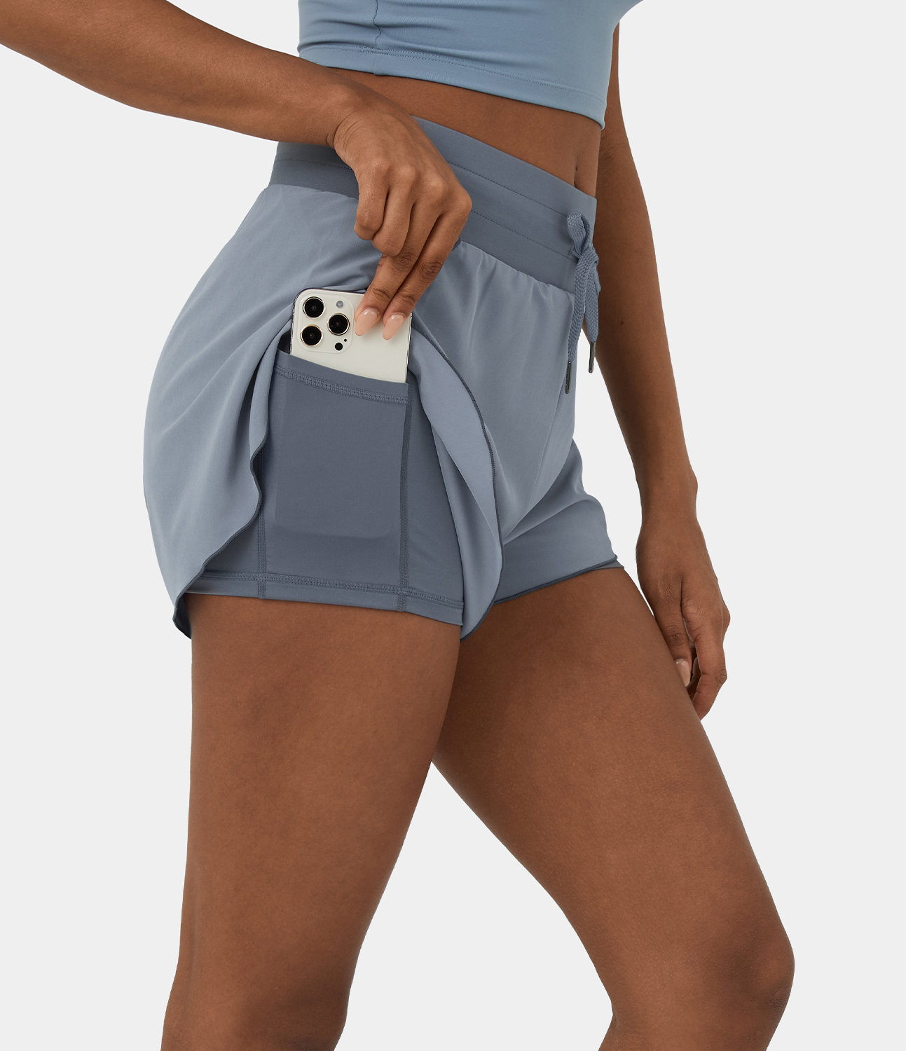 Halara High Waisted Drawstring 2-in-1 Side Pocket Color Block Casual Shorts 3`` Gym Short - Rain Washed - M booty shorts compression shorts 