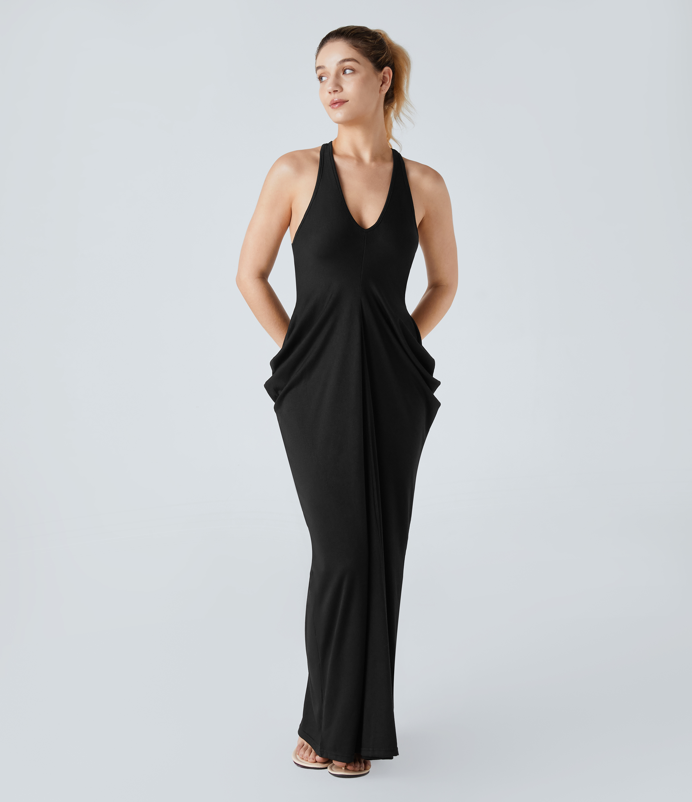 Halara Deep V Neck Backless Racerback Stacked Ruched Maxi Casual Dress Casual Dress - Black - XS slip dress beach dress ruched dress 