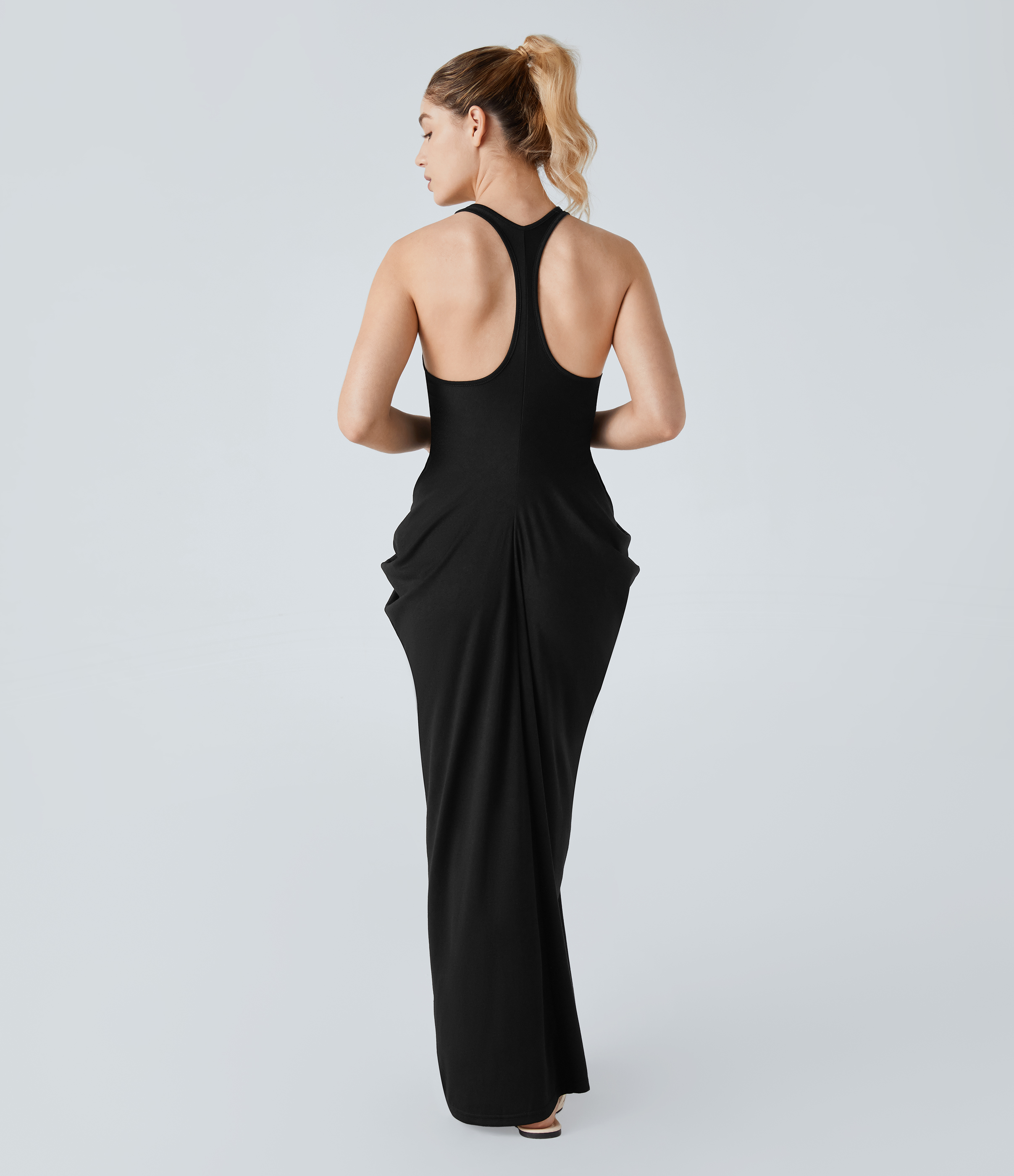 Halara Deep V Neck Backless Racerback Stacked Ruched Maxi Casual Dress Casual Dress - Black - XS slip dress beach dress ruched dress 