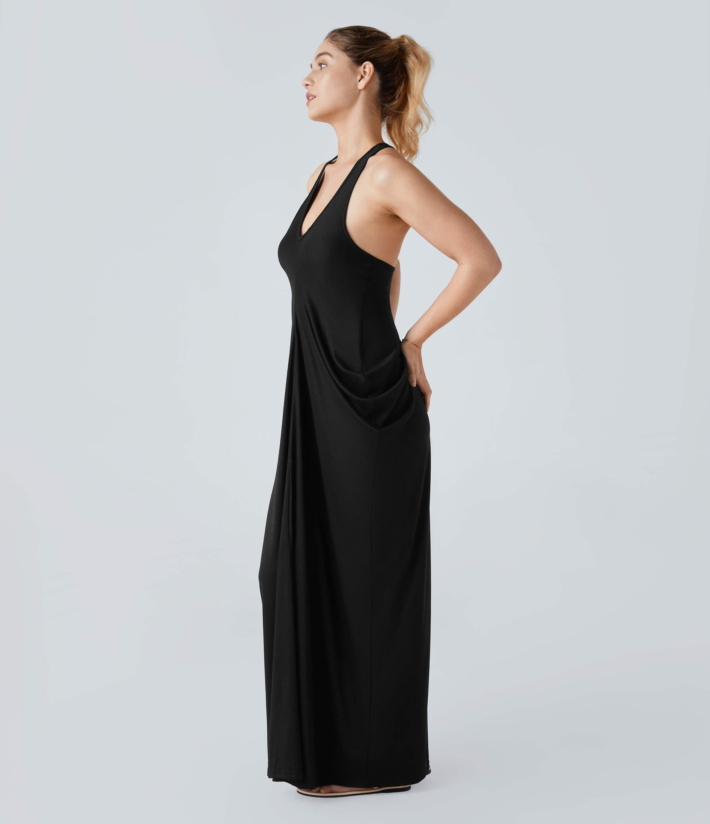 Halara Deep V Neck Backless Racerback Stacked Ruched Maxi Casual Dress Casual Dress - Black - XS slip dress beach dress ruched dress 