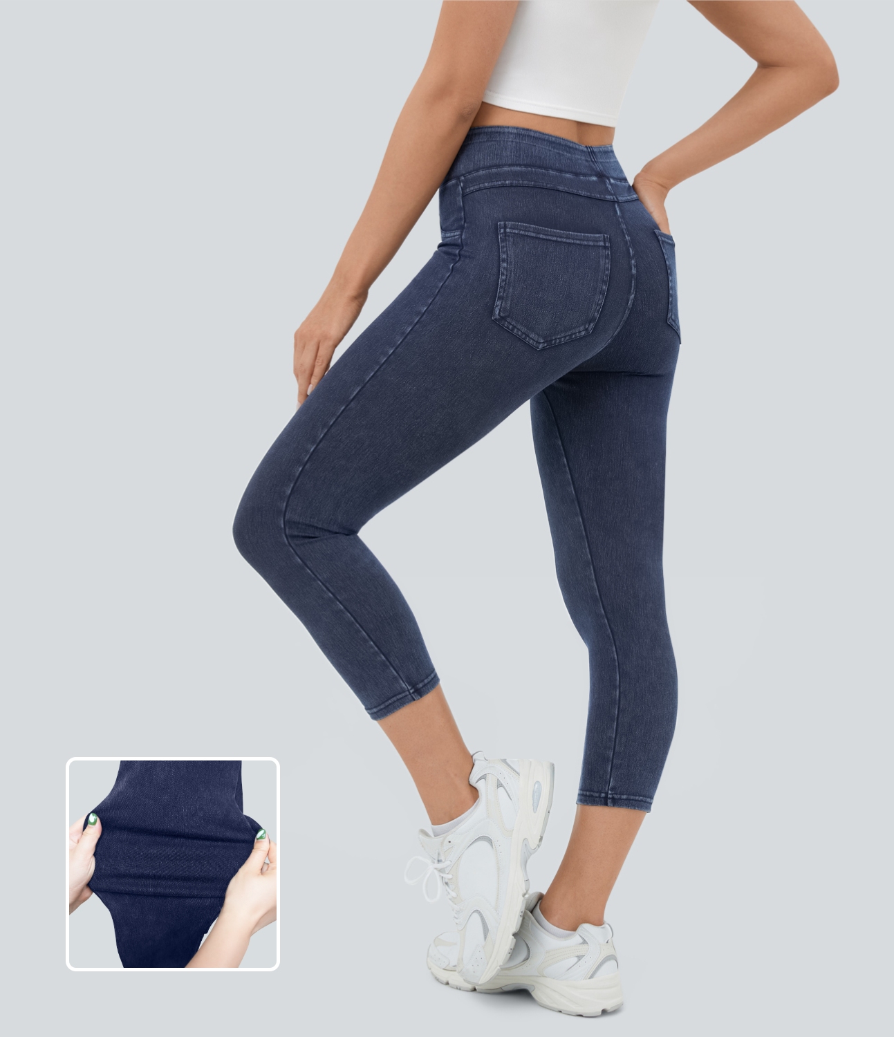 Halara Flex™ High-Waisted Backside Pocket Stretch Knit Denim Capri Casual Leggings