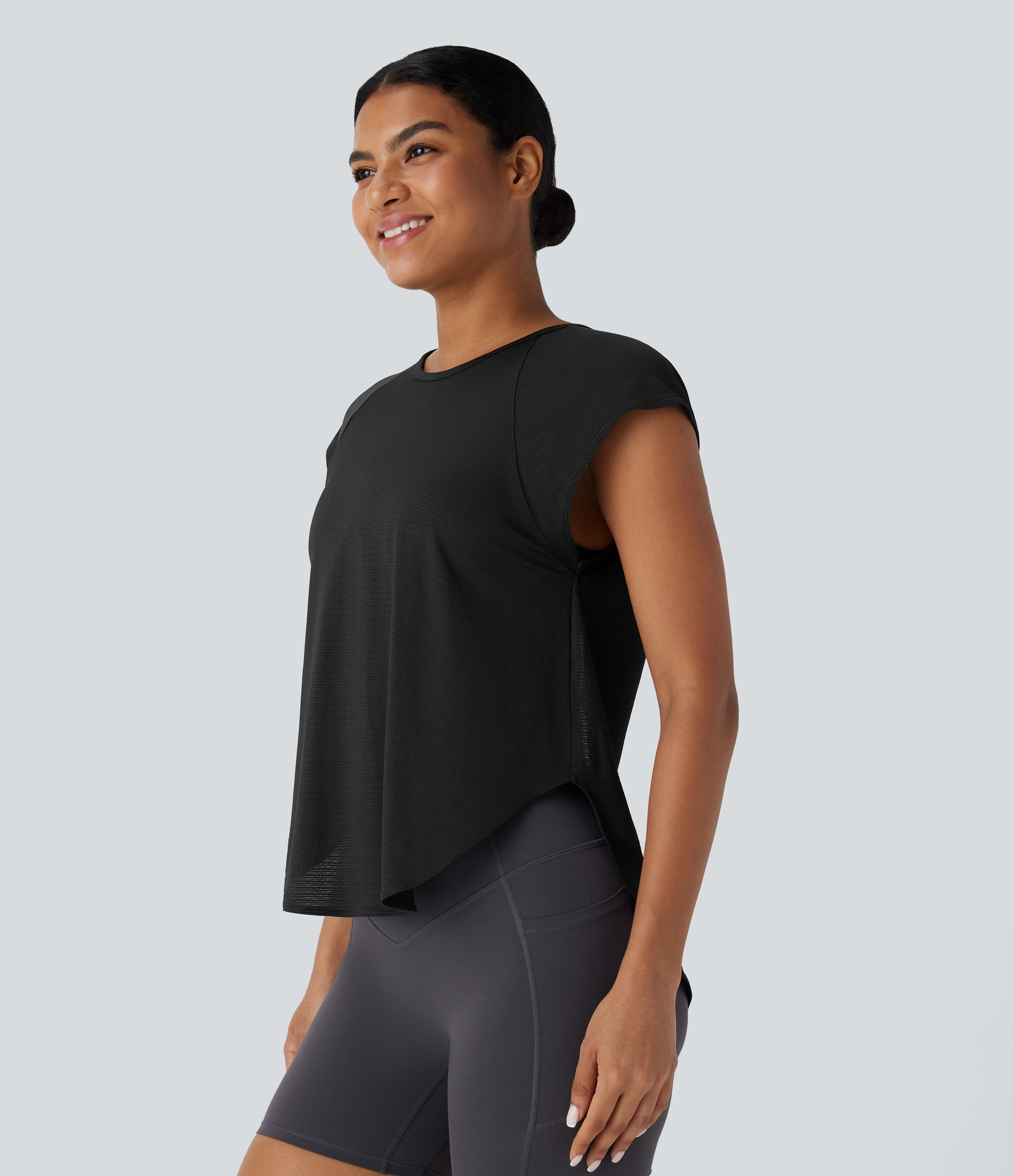 Halara Round Neck Cap Sleeve Split Tie Back Curved Hem Yoga Sports Top  - Black - XS 