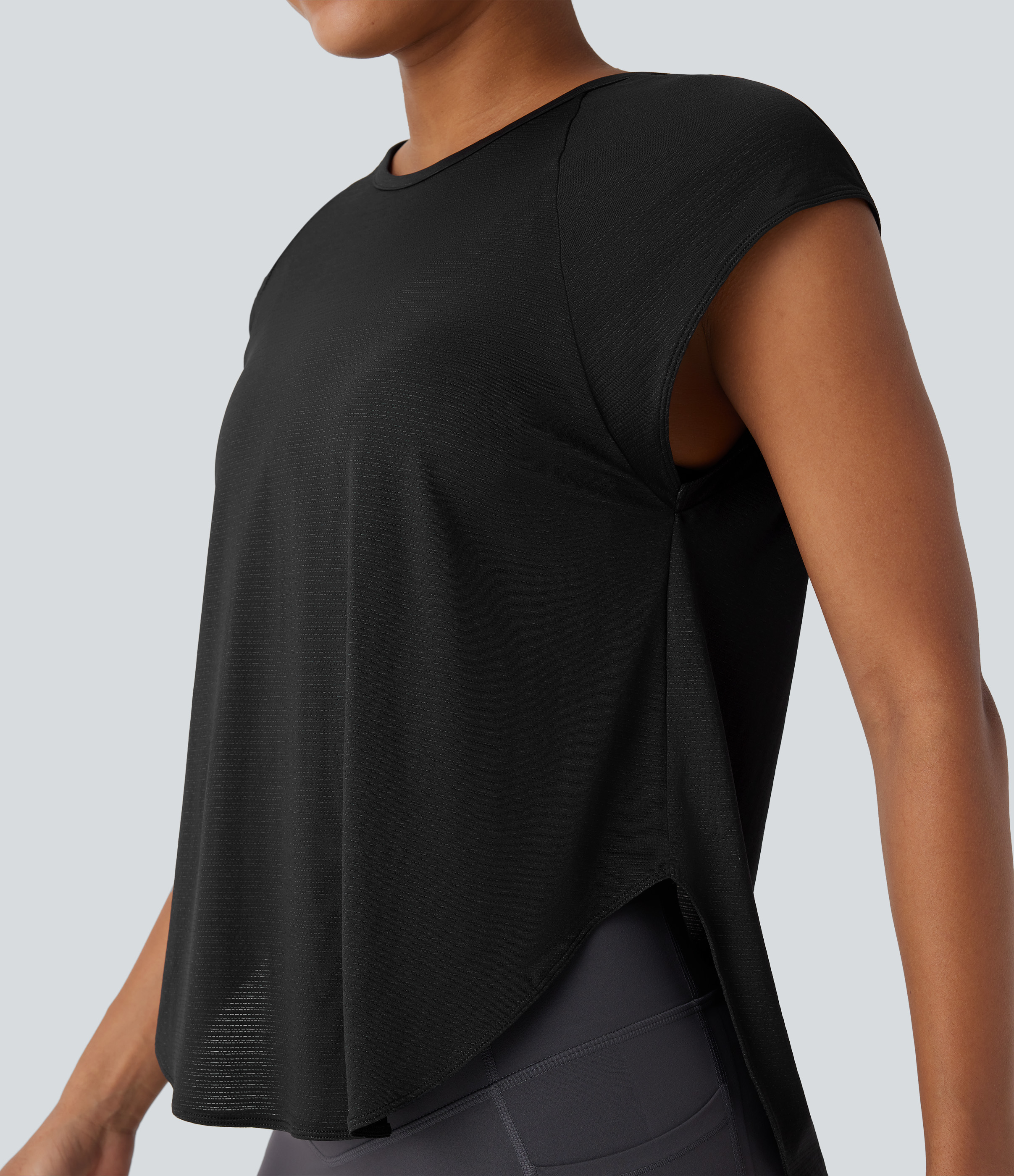 Halara Round Neck Cap Sleeve Split Tie Back Curved Hem Yoga Sports Top  - Black - XS 