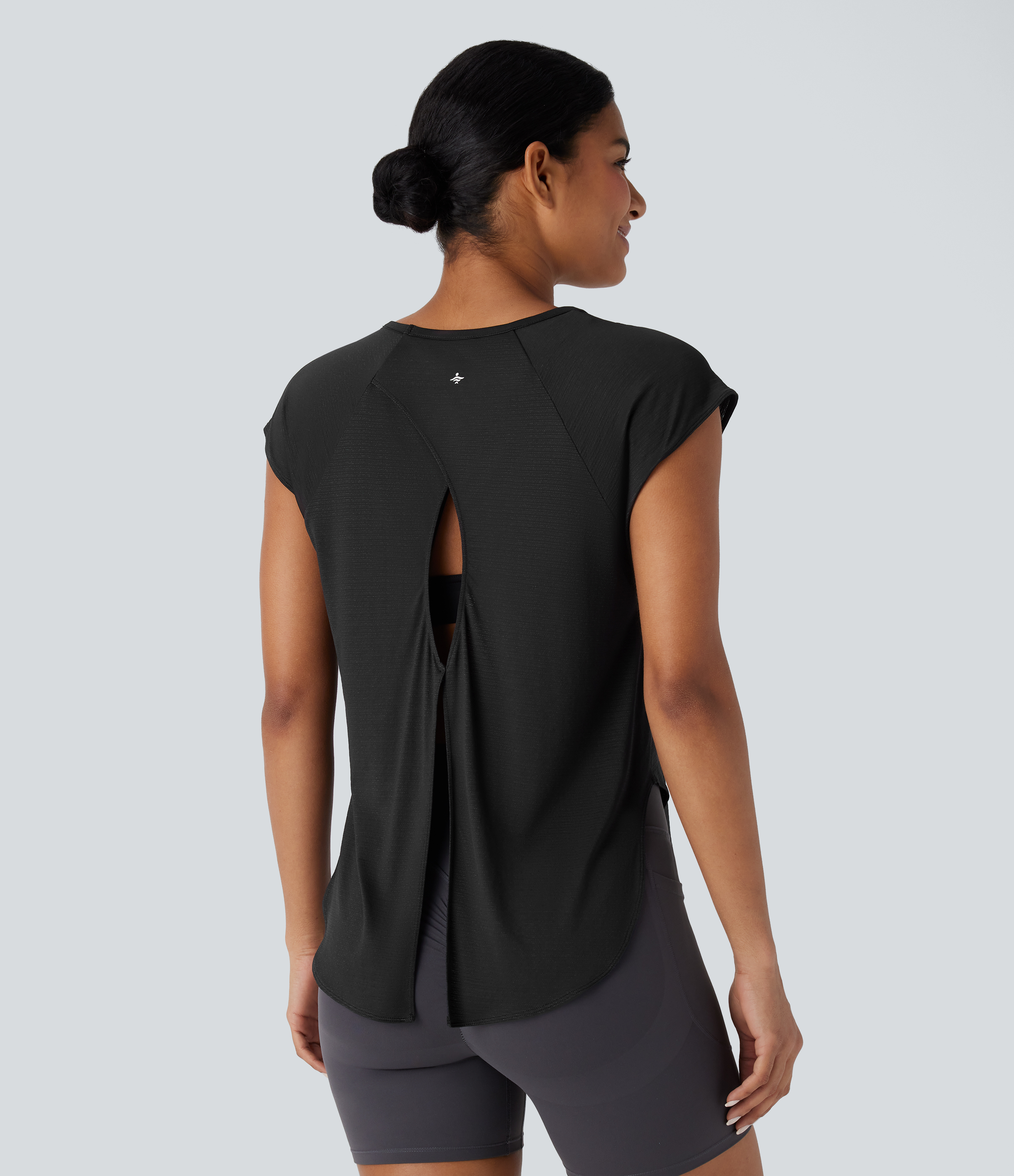 Halara Round Neck Cap Sleeve Split Tie Back Curved Hem Yoga Sports Top  - Black - XS 