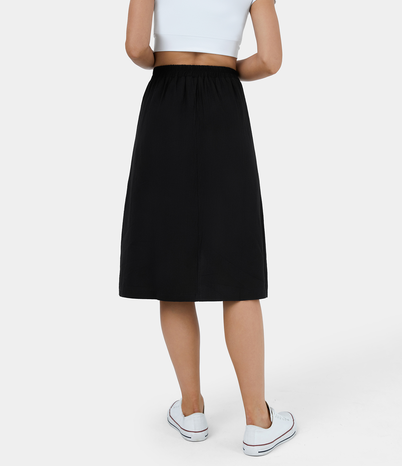 Halara High Waisted Side Pocket Button A Line Midi Casual Linen-Feel Skirt  - Black - M 