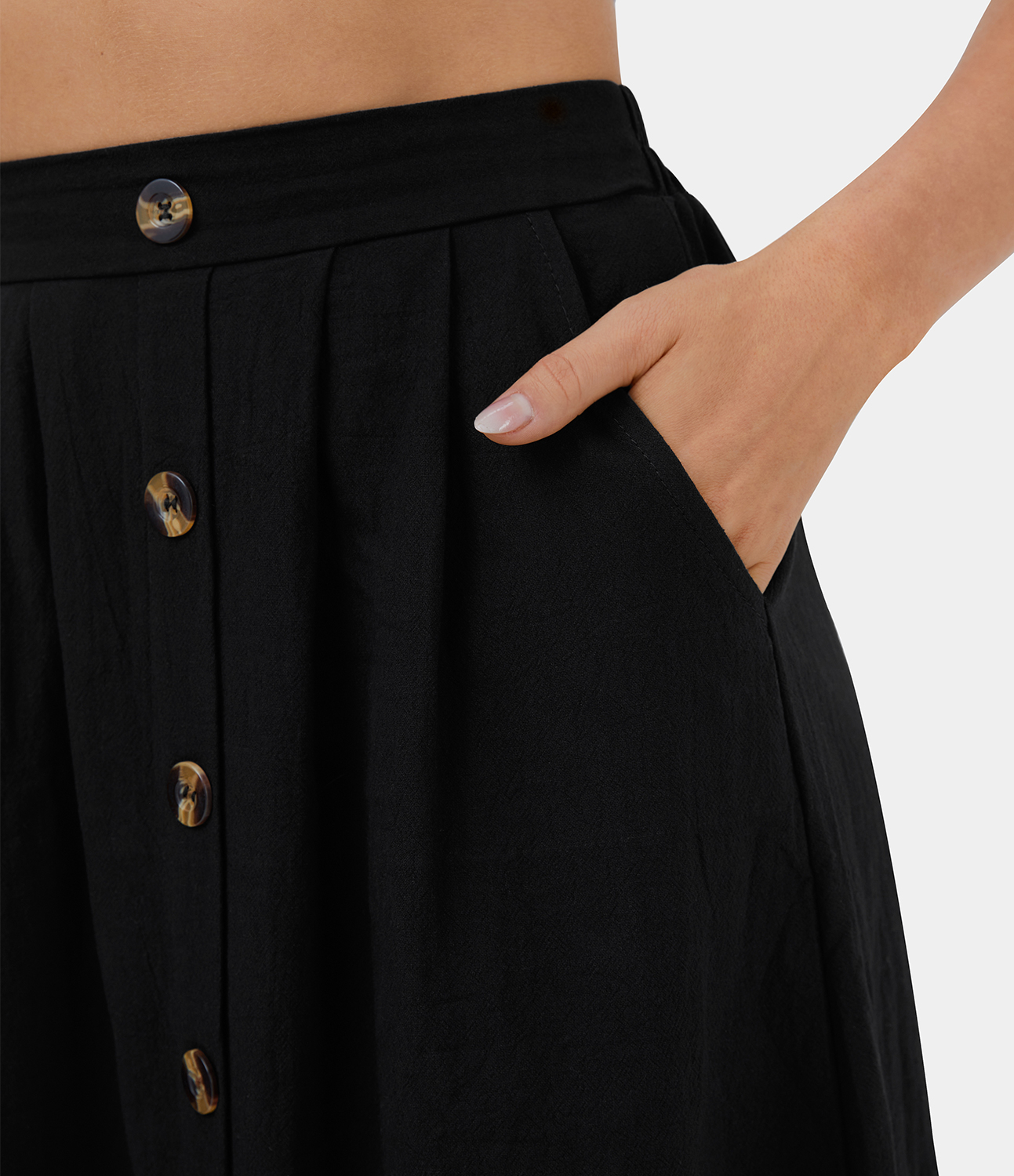 Halara High Waisted Side Pocket Button A Line Midi Casual Linen-Feel Skirt  - Black - M 