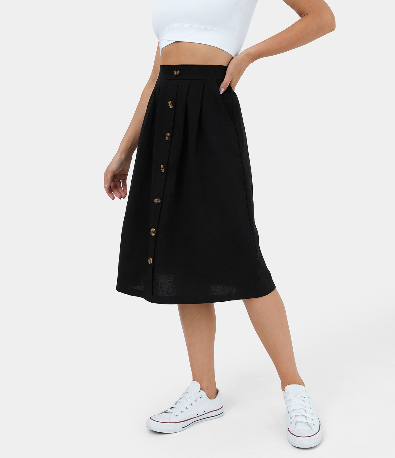 Halara High Waisted Side Pocket Button A Line Midi Casual Linen-Feel Skirt  - Black - M 