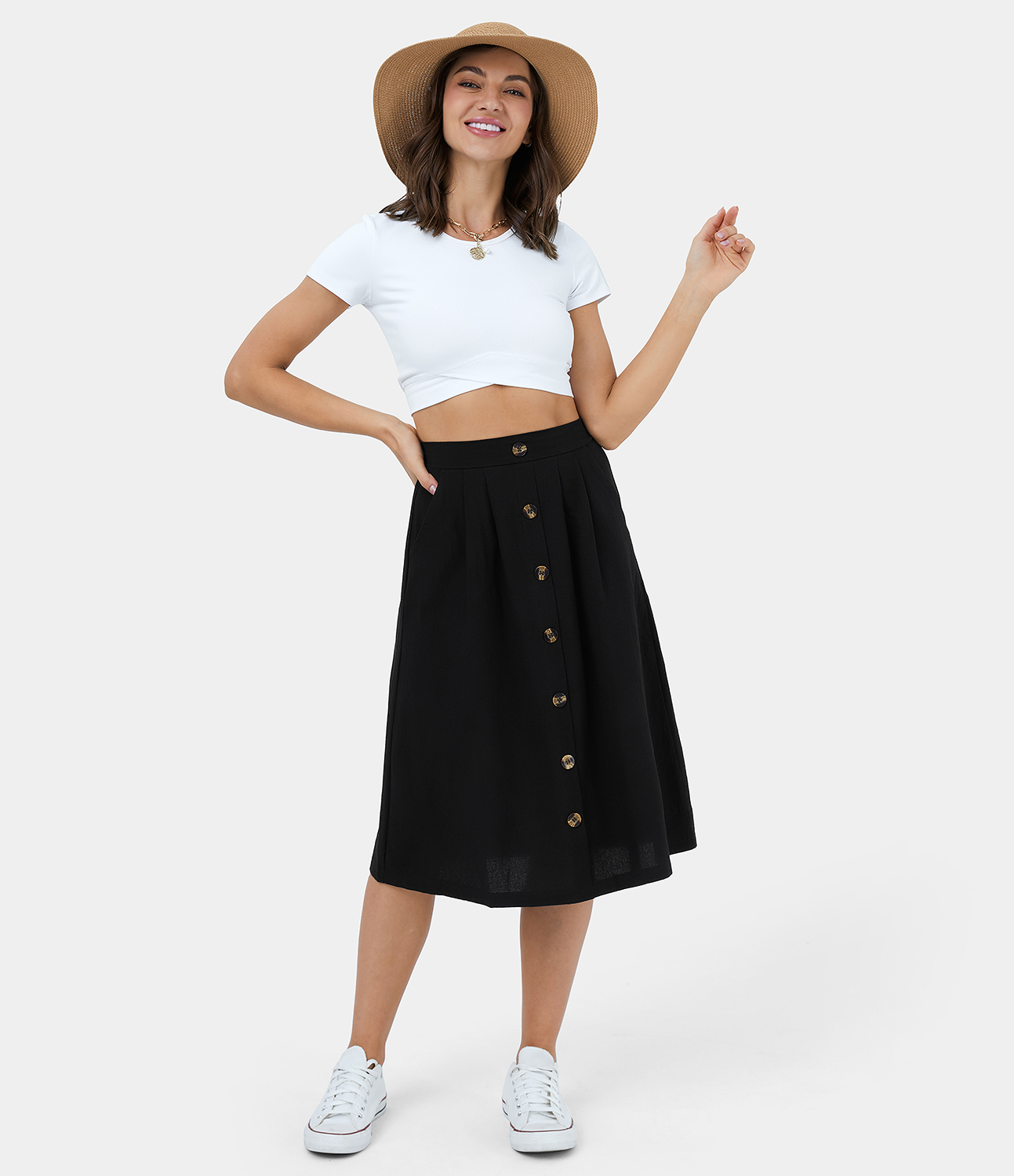 Halara High Waisted Side Pocket Button A Line Midi Casual Linen-Feel Skirt  - Black - M 