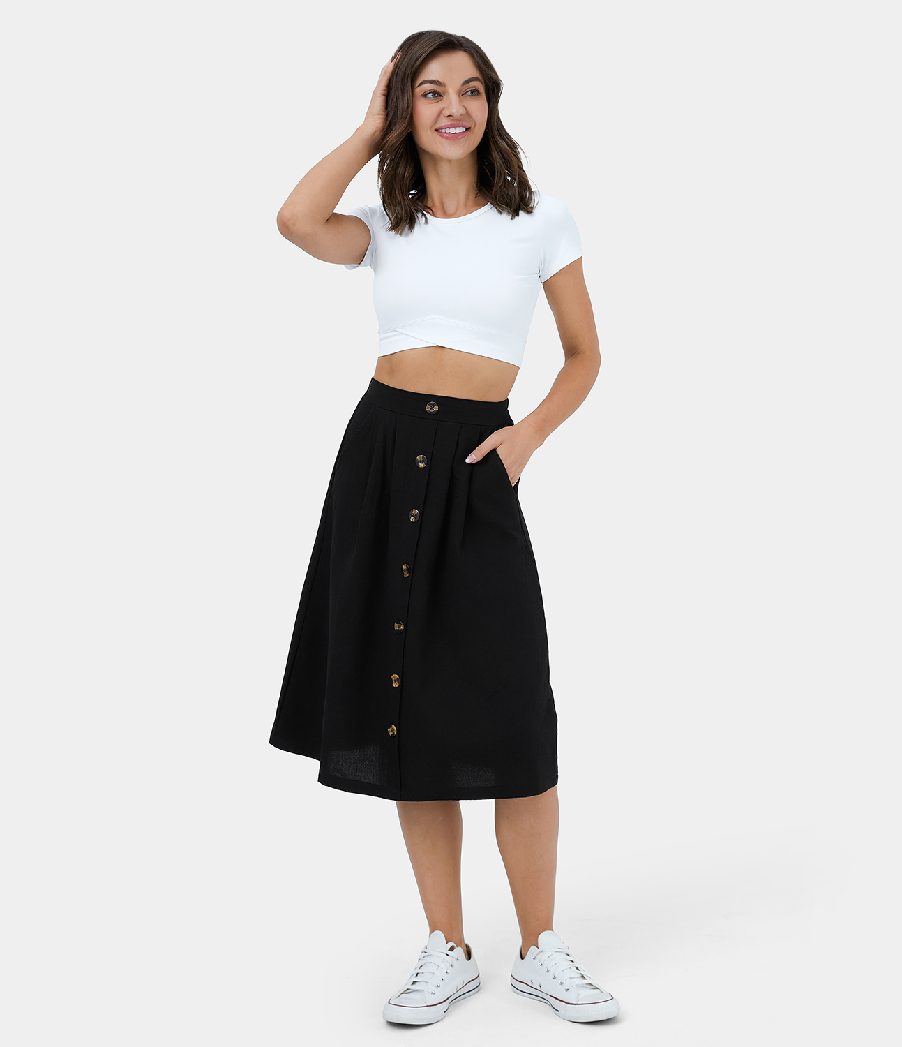 Halara High Waisted Side Pocket Button A Line Midi Casual Linen-Feel Skirt  - Black - M 