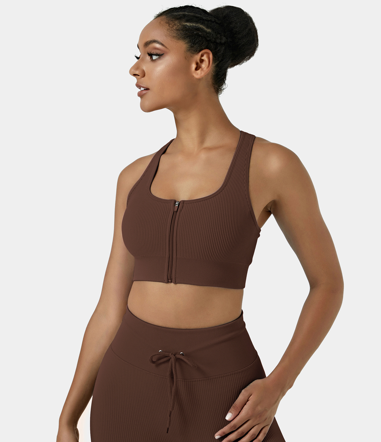 Halara Seamless Flow Low Support Ribbed Knit Zip Front Sports Bra  - Coffee - L push up bra strapless bra backless bra sticky bra 