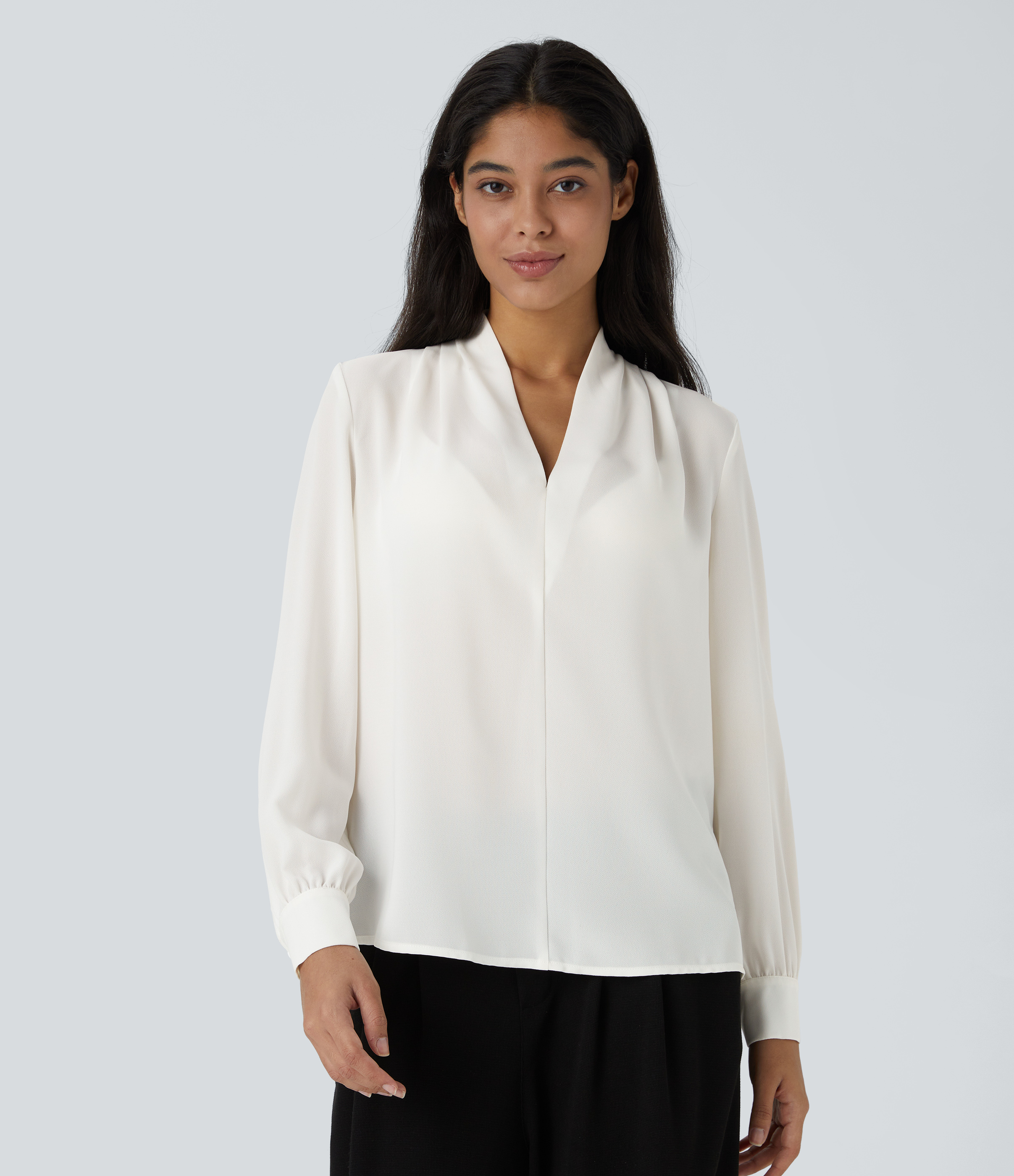 Halara V Neck Plicated Long Sleeve Work Blouse  - White - XS 
