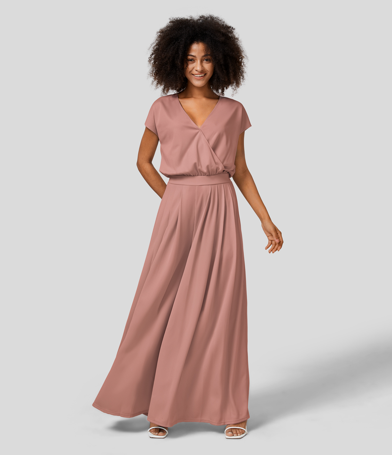 

Halara V Neck Short Sleeve Plicated Side Pocket Wide Leg Flowy Waffle Casual Jumpsuit - Rose Dawn