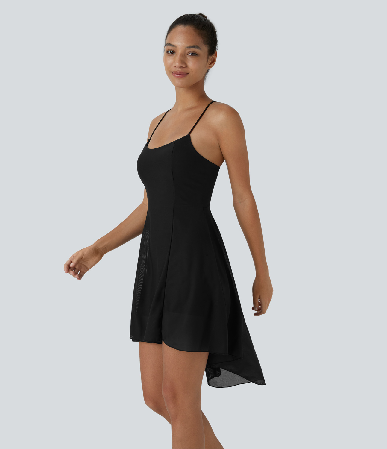Halara Adjustable Spaghetti Strap Backless Crisscross 2-in-1 Side Pocket High Low Contrast Mesh Flowy Mini Casual Dress Workout Dress - Black - L 
