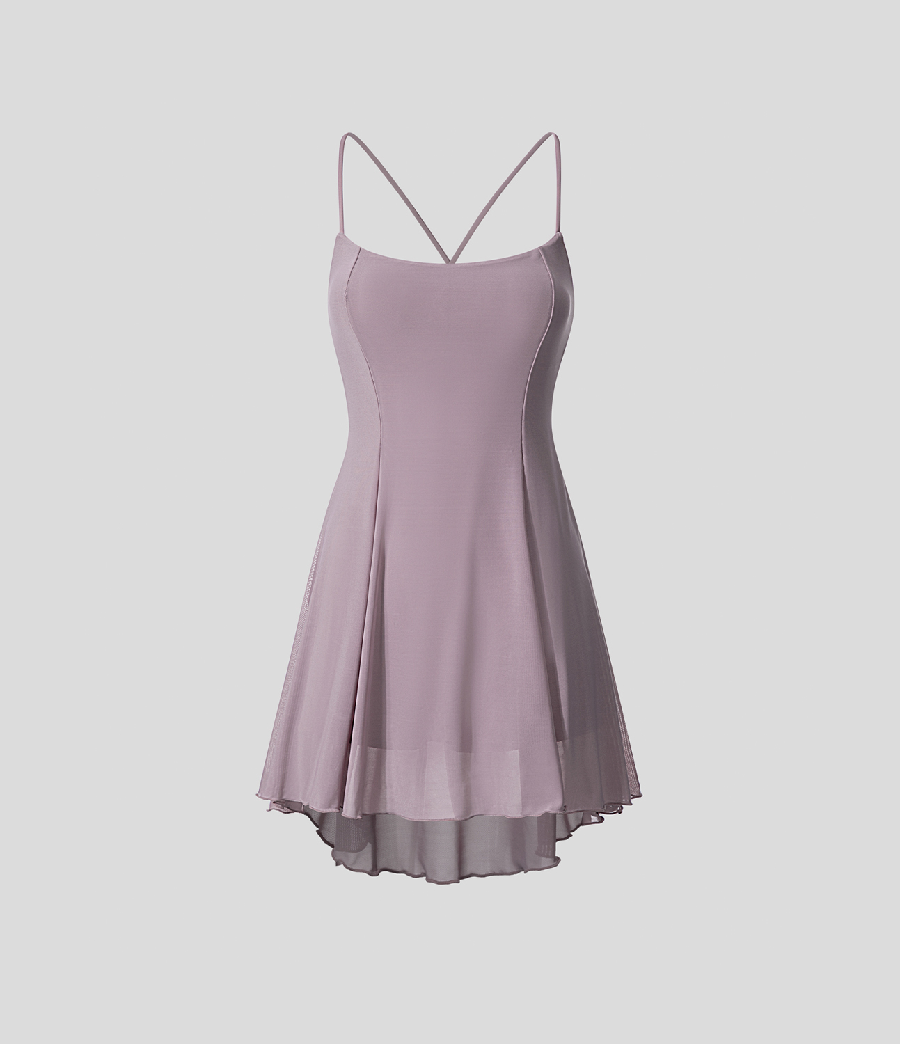 Halara Adjustable Spaghetti Strap Backless Crisscross 2-in-1 Side Pocket High Low Contrast Mesh Flowy Mini Casual Dress Workout Dress - Iris Purple - S 