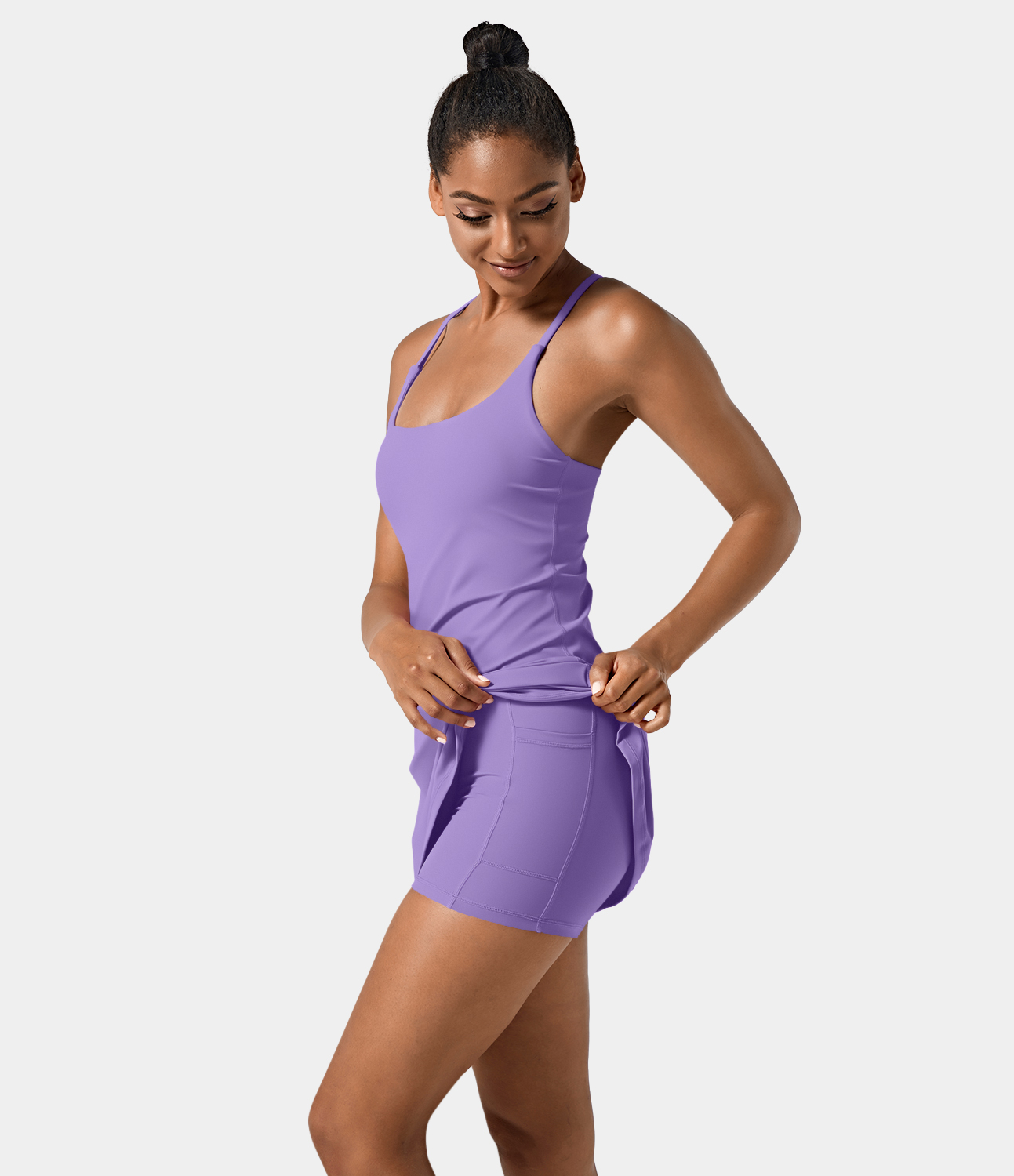 Halara Softlyzeroв„ў Airy Backless Cut Out 2-in-1 Pocket Cool Touch Mini Activity Dress-UPF50+ Workout Dress - Iris Flower Purple - S 