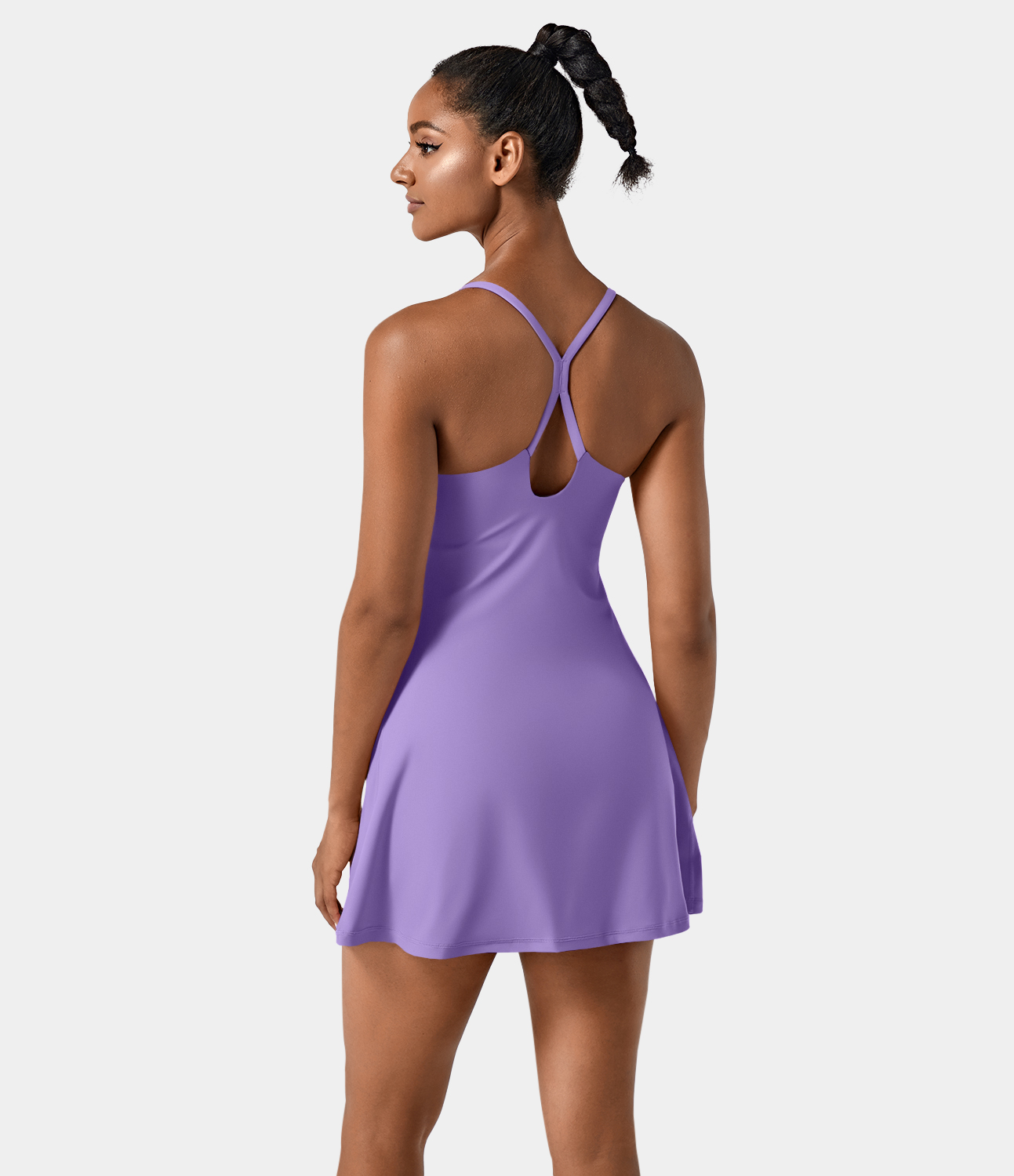 Halara Softlyzeroв„ў Airy Backless Cut Out 2-in-1 Pocket Cool Touch Mini Activity Dress-UPF50+ Workout Dress - Iris Flower Purple - S 