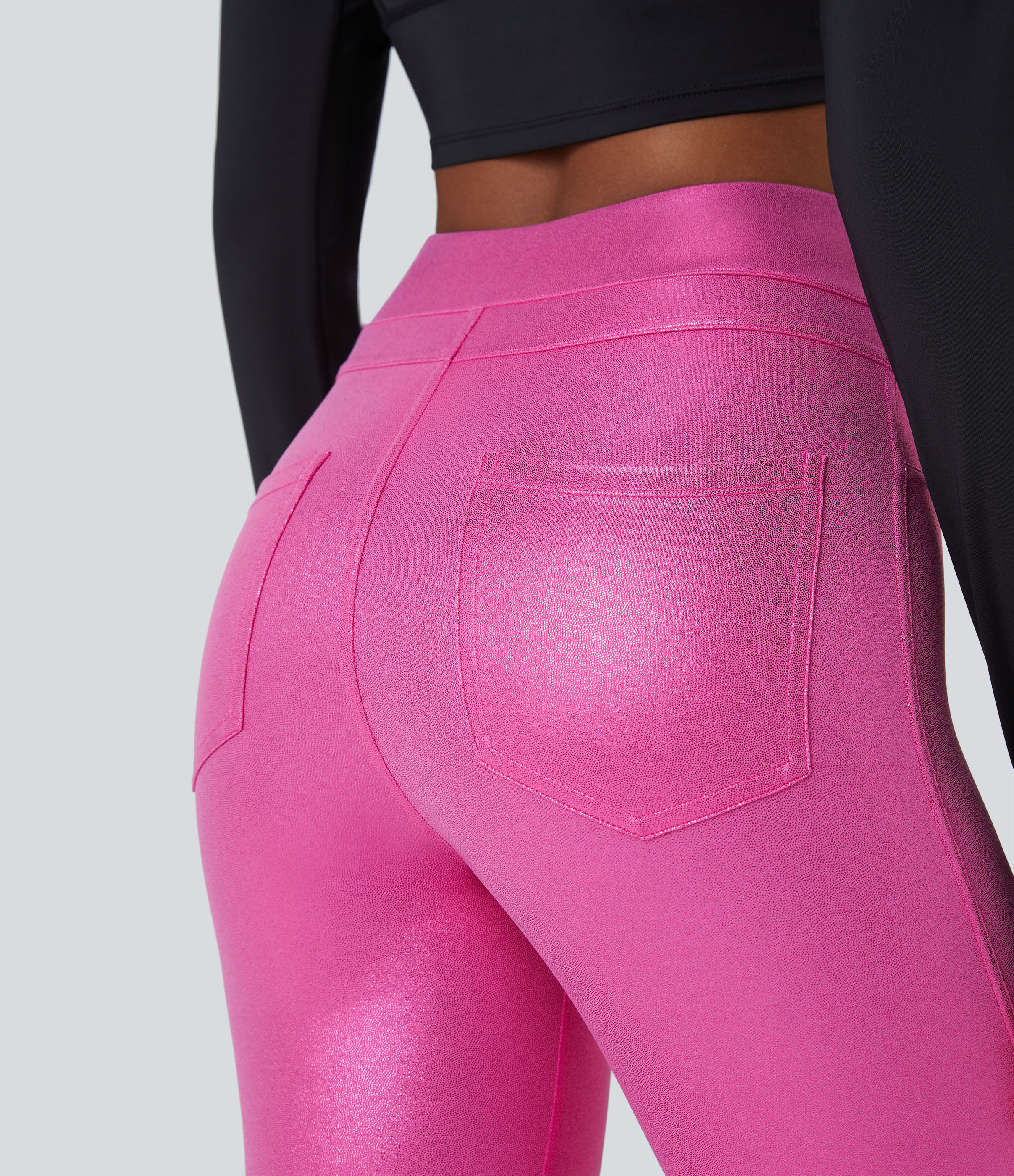 Halara Softlyzeroв„ў Faux Leather High Waisted Back Side Pocket Work Leggings  - Shiny Fuchsia Fedora - XL(full_length) gym leggings 