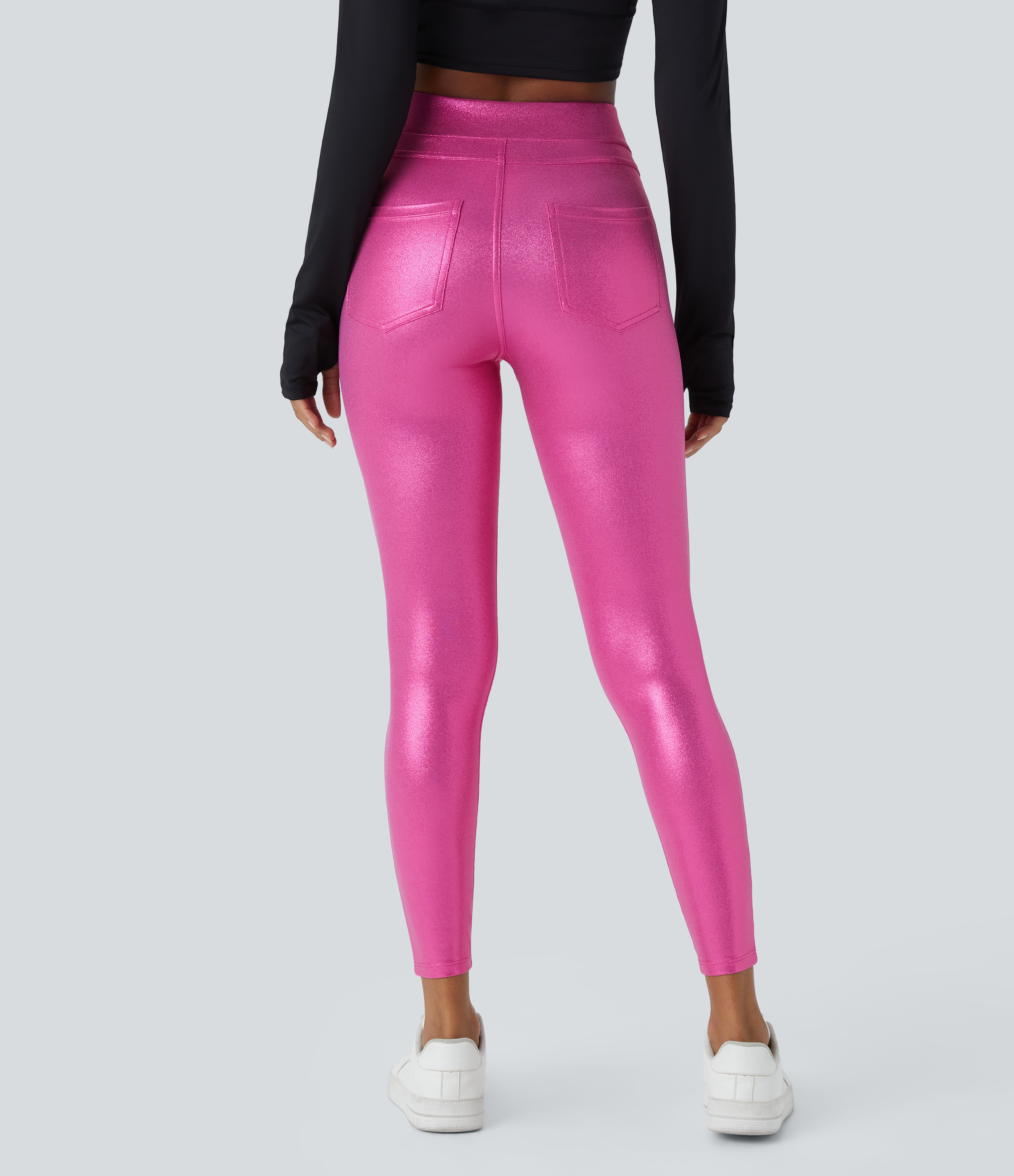Halara Softlyzeroв„ў Faux Leather High Waisted Back Side Pocket Work Leggings  - Shiny Fuchsia Fedora - XL(full_length) gym leggings 