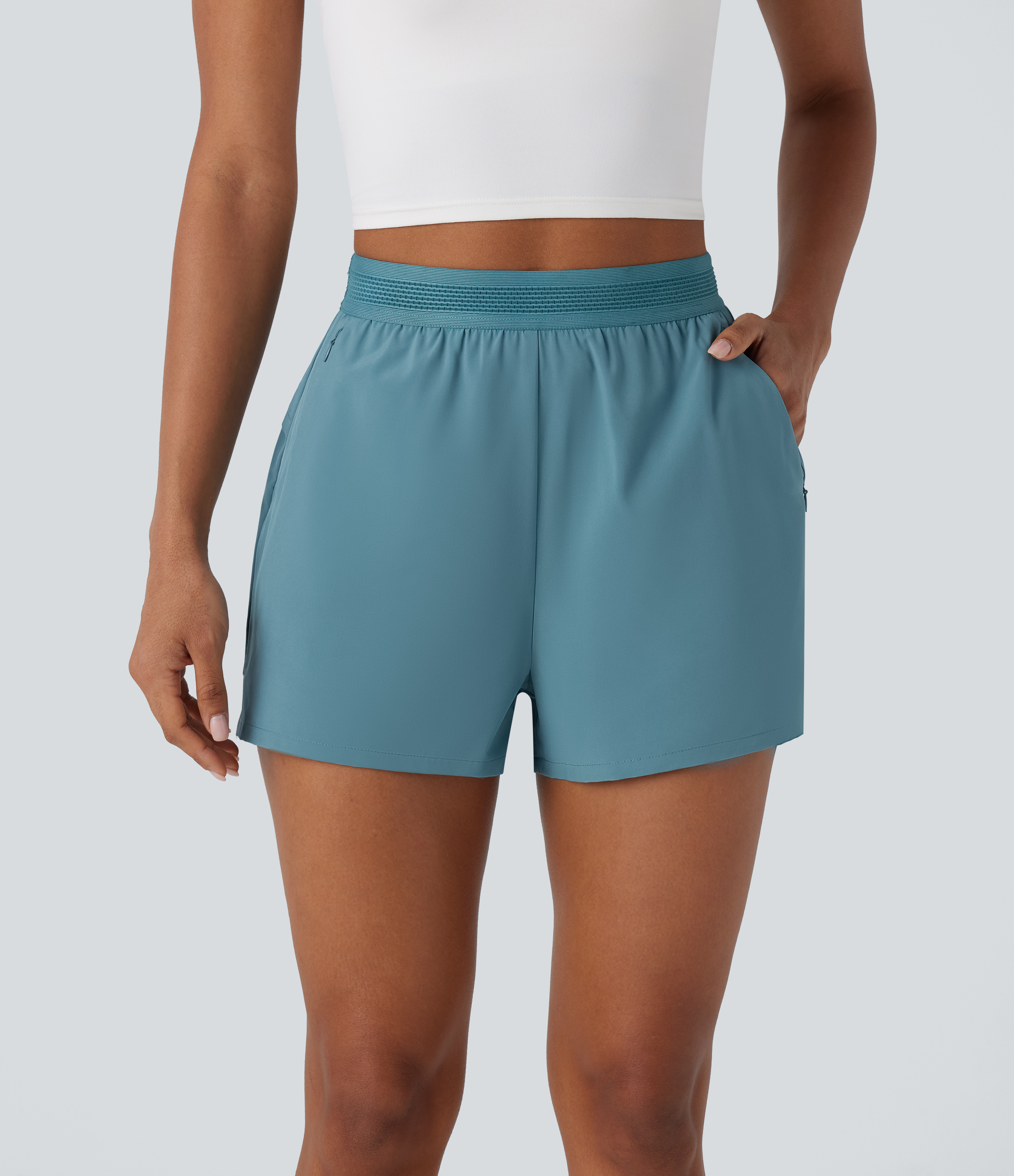 Halara Breezefulв„ў Mid High Waisted Side Zip Pocket Ruffle Split Quick Dry Running Shorts Gym Short - Mineral Blue - L booty shorts 